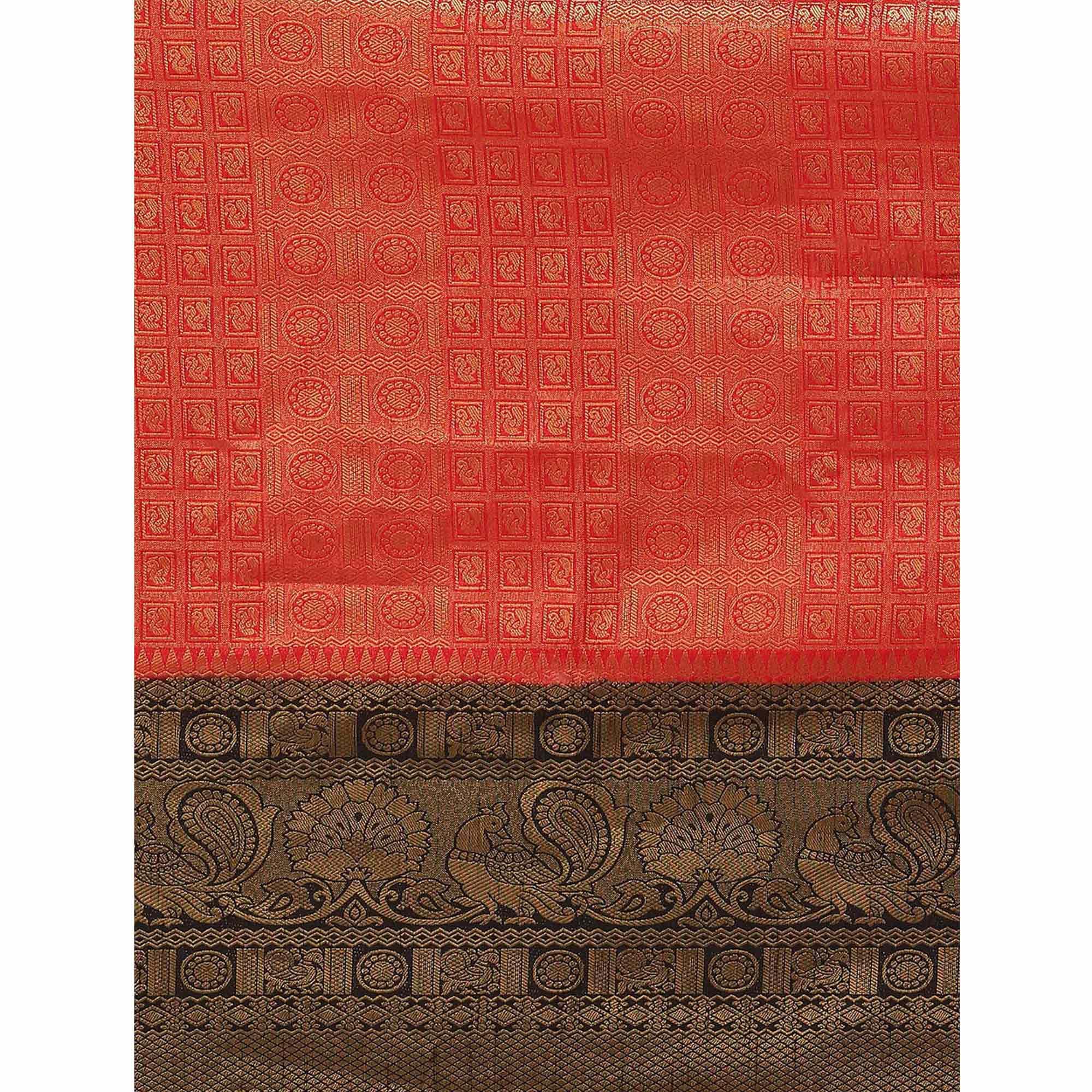 Women's Red Festive Wear Woven Kanjivaram Silk Saree With Unstitched Blouse - Peachmode