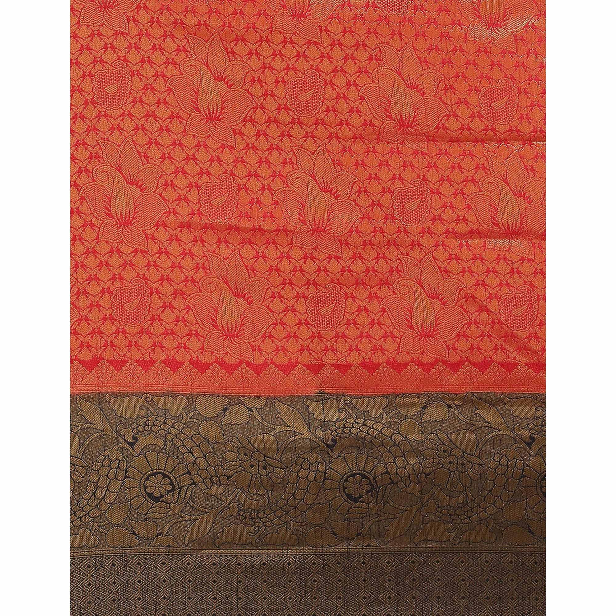 Women's Red Festive Wear Woven Kanjivaram Silk Saree With Unstitched Blouse - Peachmode