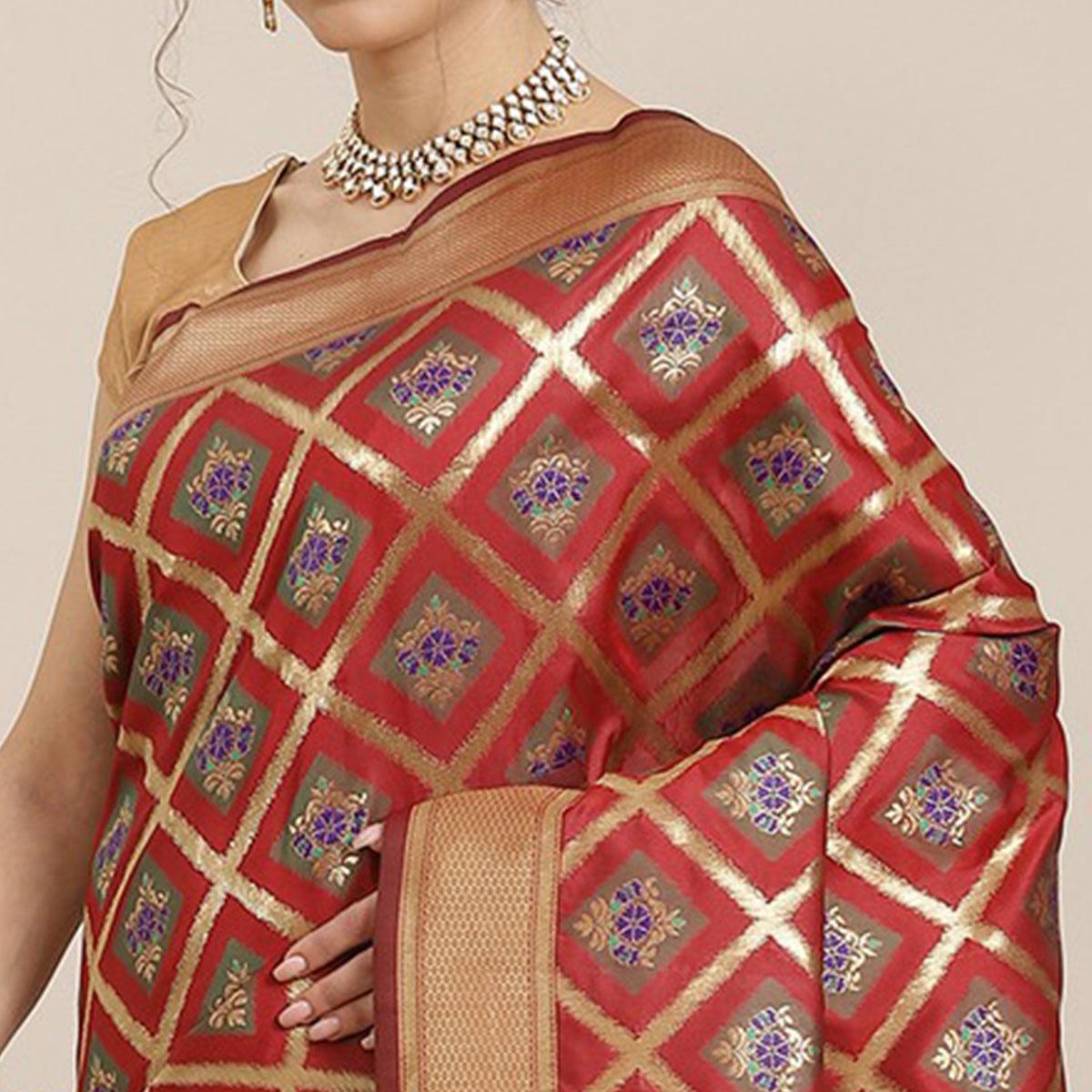 Women's Red Festive Wear Woven Kanjivaram Silk Saree With Unstitched Blouse - Peachmode