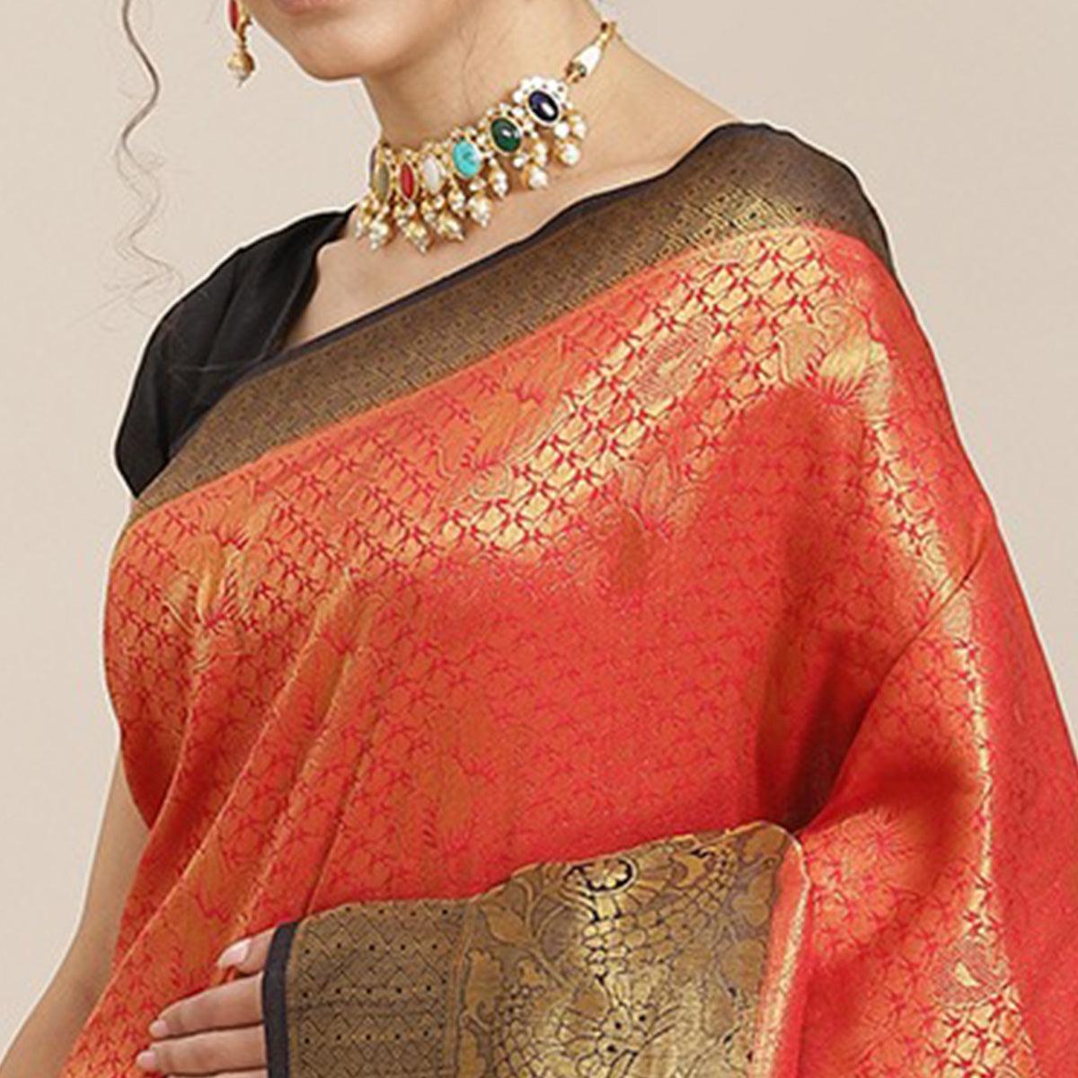 Women's Red Festive Wear Woven Kanjivaram Silk Saree With Unstitched Blouse - Peachmode