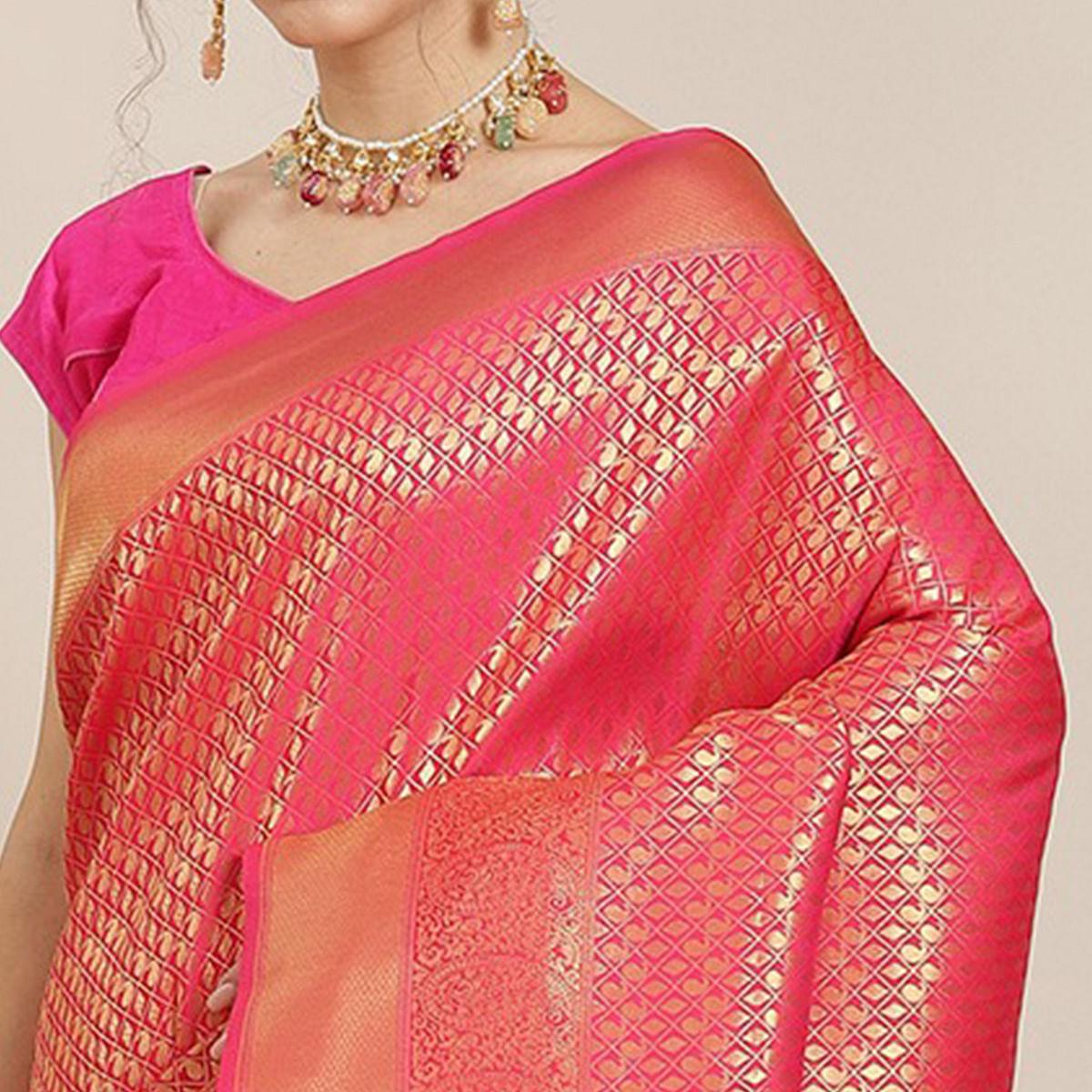 Women's Red Festive Wear Woven Kanjivaram Silk Saree With Unstitched Blouse - Peachmode