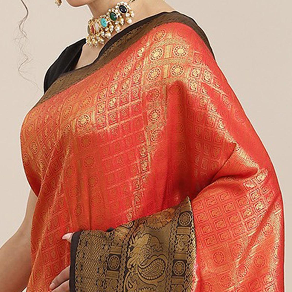 Women's Red Festive Wear Woven Kanjivaram Silk Saree With Unstitched Blouse - Peachmode