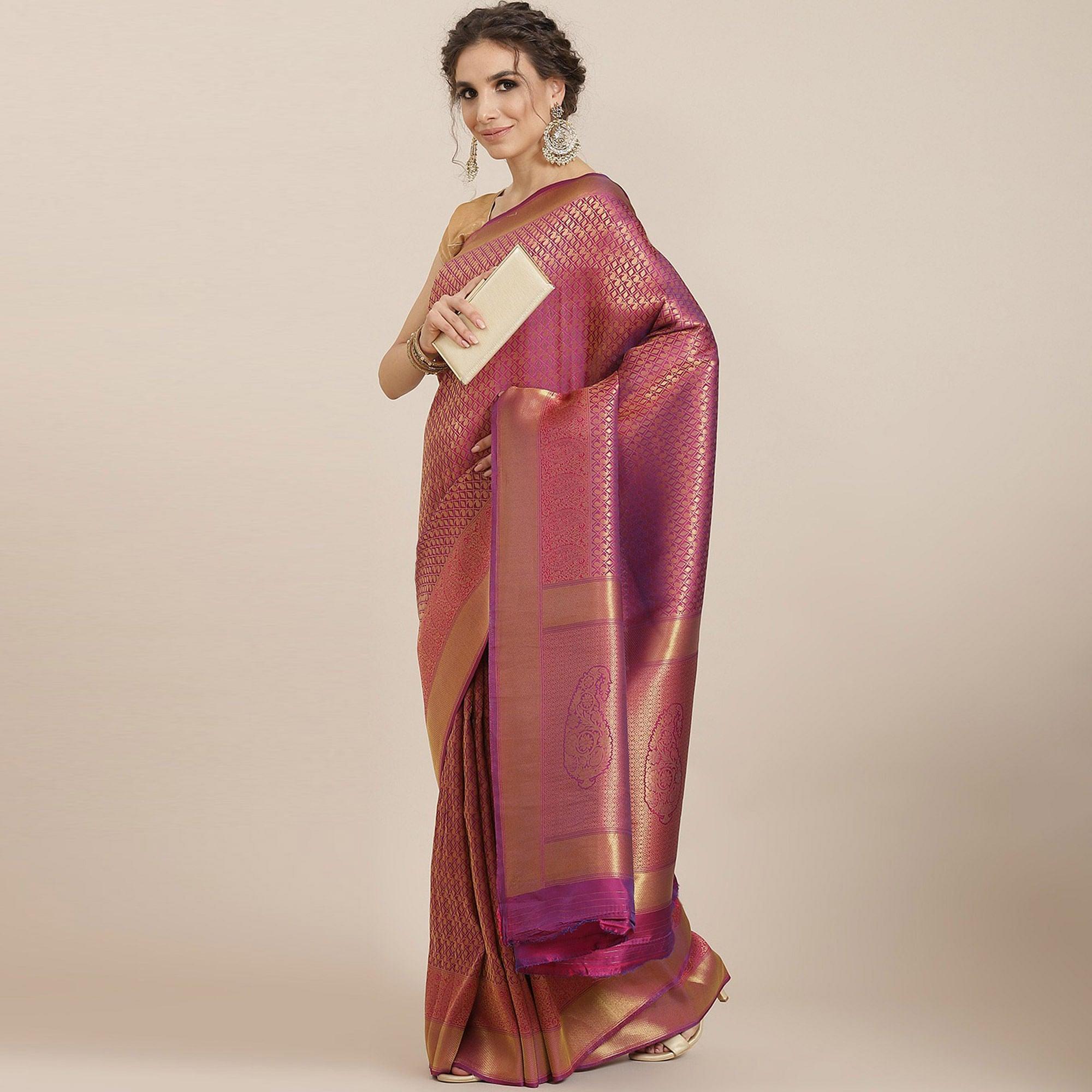 Women's Violet Festive Wear Woven Kanjivaram Silk Saree With Unstitched Blouse - Peachmode