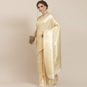 Women's White Festive Wear Woven Kanjivaram Silk Saree With Unstitched Blouse - Peachmode