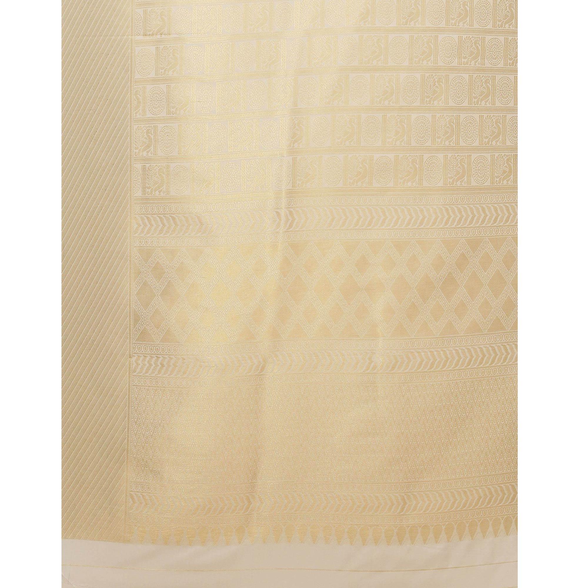 Women's White Festive Wear Woven Kanjivaram Silk Saree With Unstitched Blouse - Peachmode