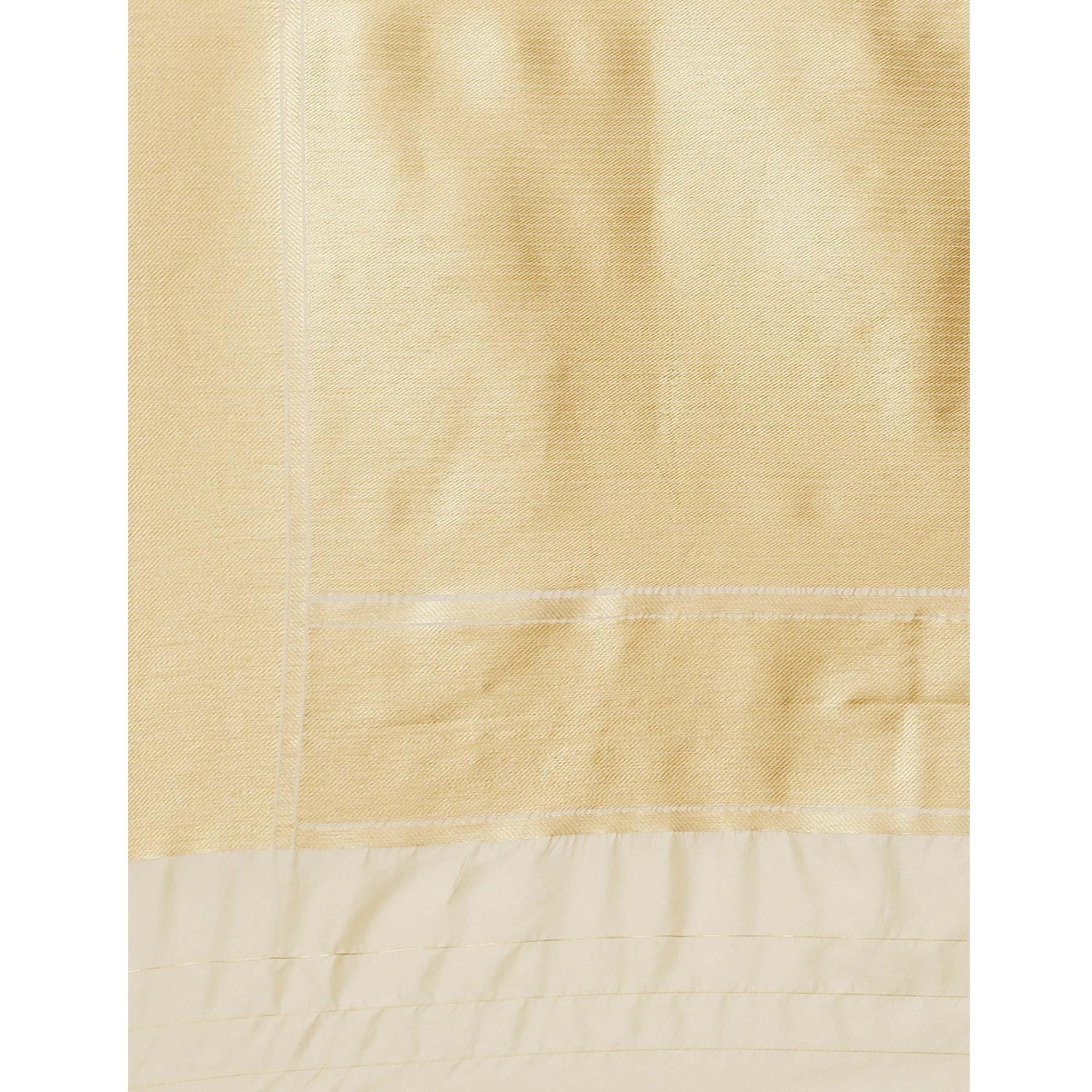 Women's White Festive Wear Woven Kanjivaram Silk Saree With Unstitched Blouse - Peachmode