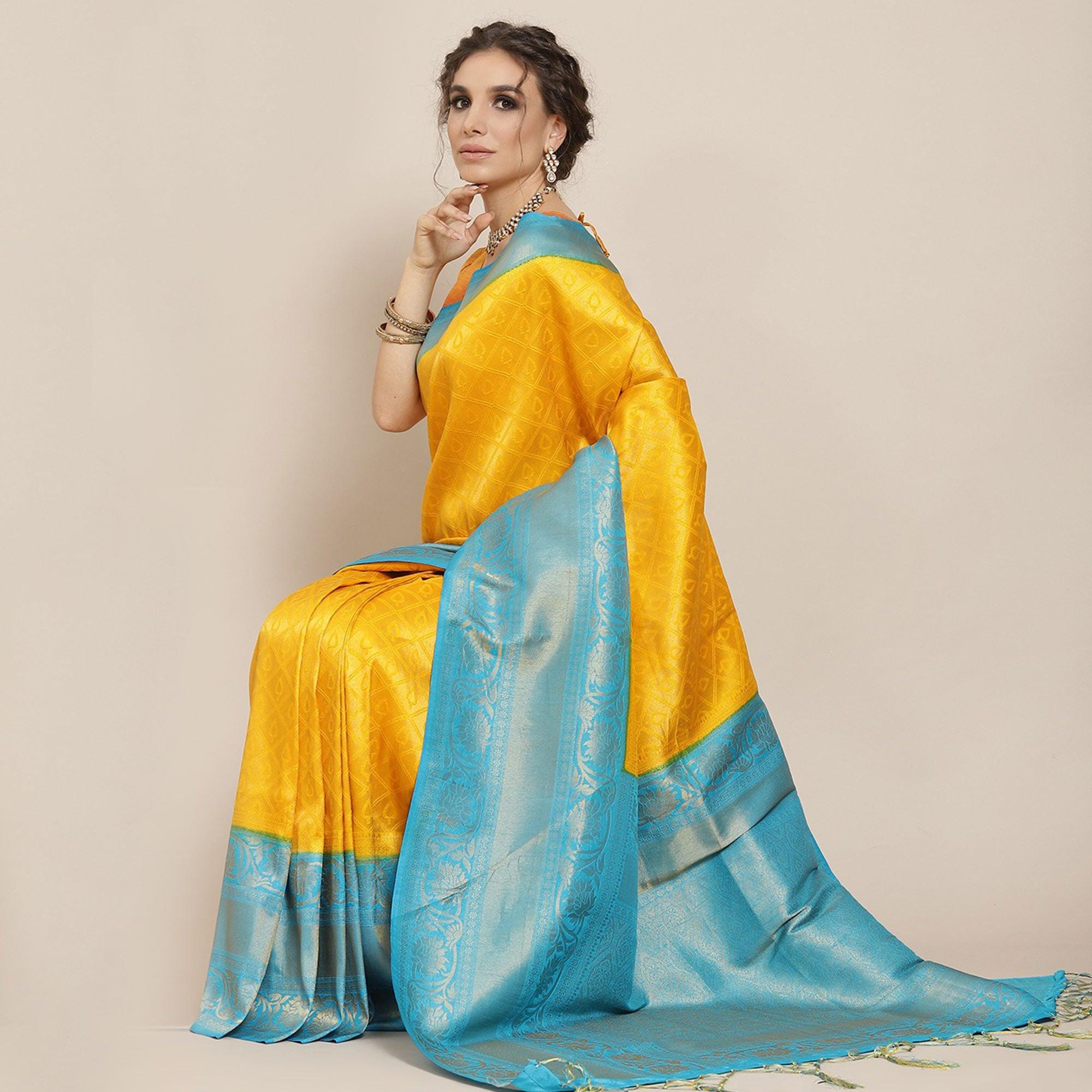 Women's Yellow Festive Wear Woven Kanjivaram Silk Saree With Unstitched Blouse - Peachmode