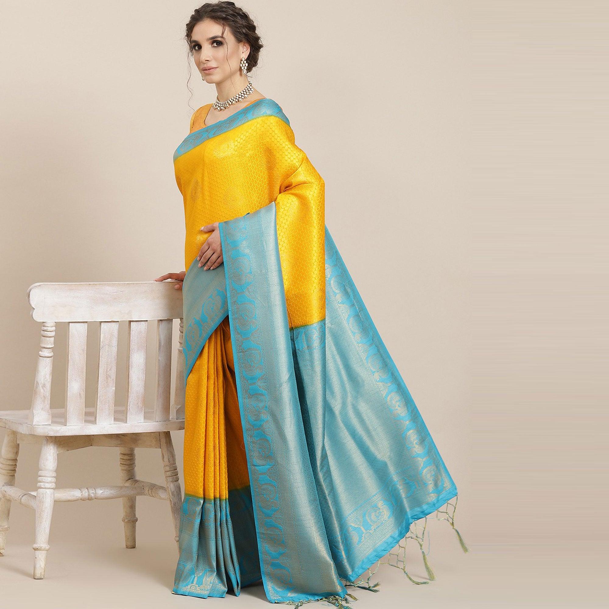 Women's Yellow Festive Wear Woven Kanjivaram Silk Saree With Unstitched Blouse - Peachmode