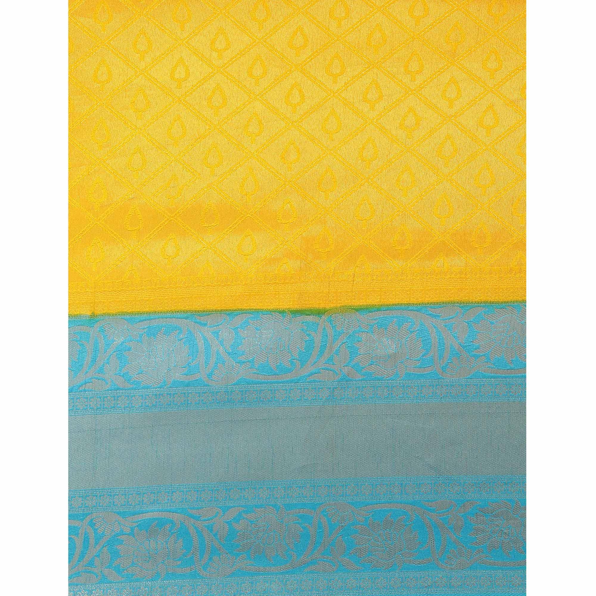 Women's Yellow Festive Wear Woven Kanjivaram Silk Saree With Unstitched Blouse - Peachmode