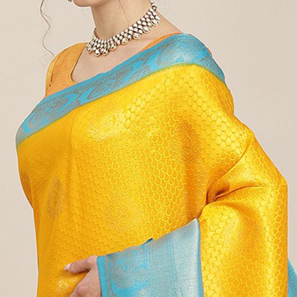 Women's Yellow Festive Wear Woven Kanjivaram Silk Saree With Unstitched Blouse - Peachmode