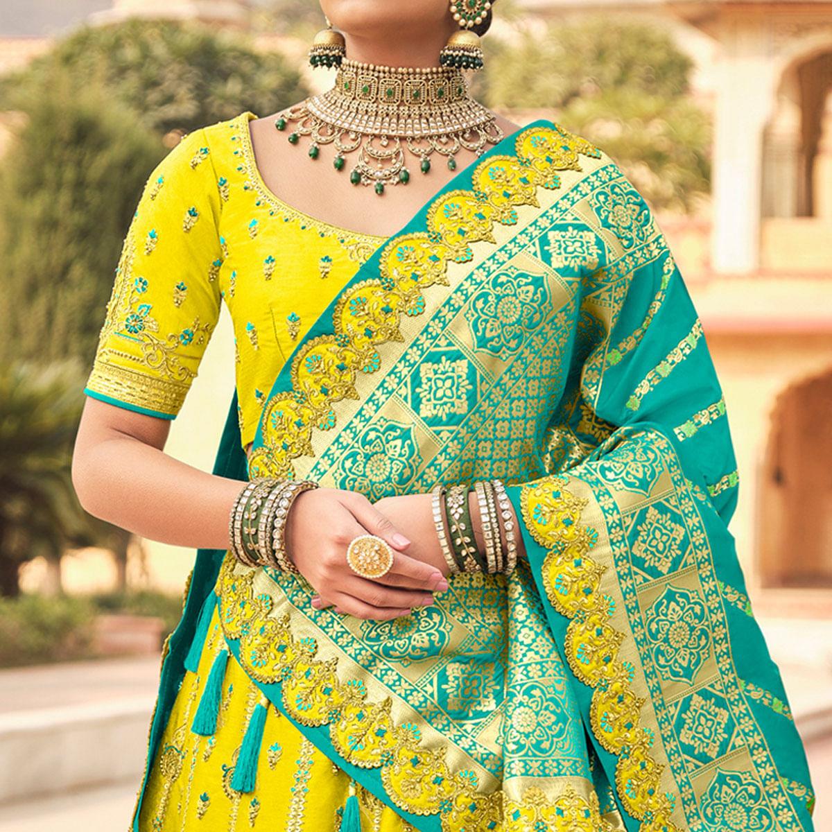 Yellow & Firozi Wedding Wear Woven-Embellished Banarasi Silk Lehenga Choli - Peachmode