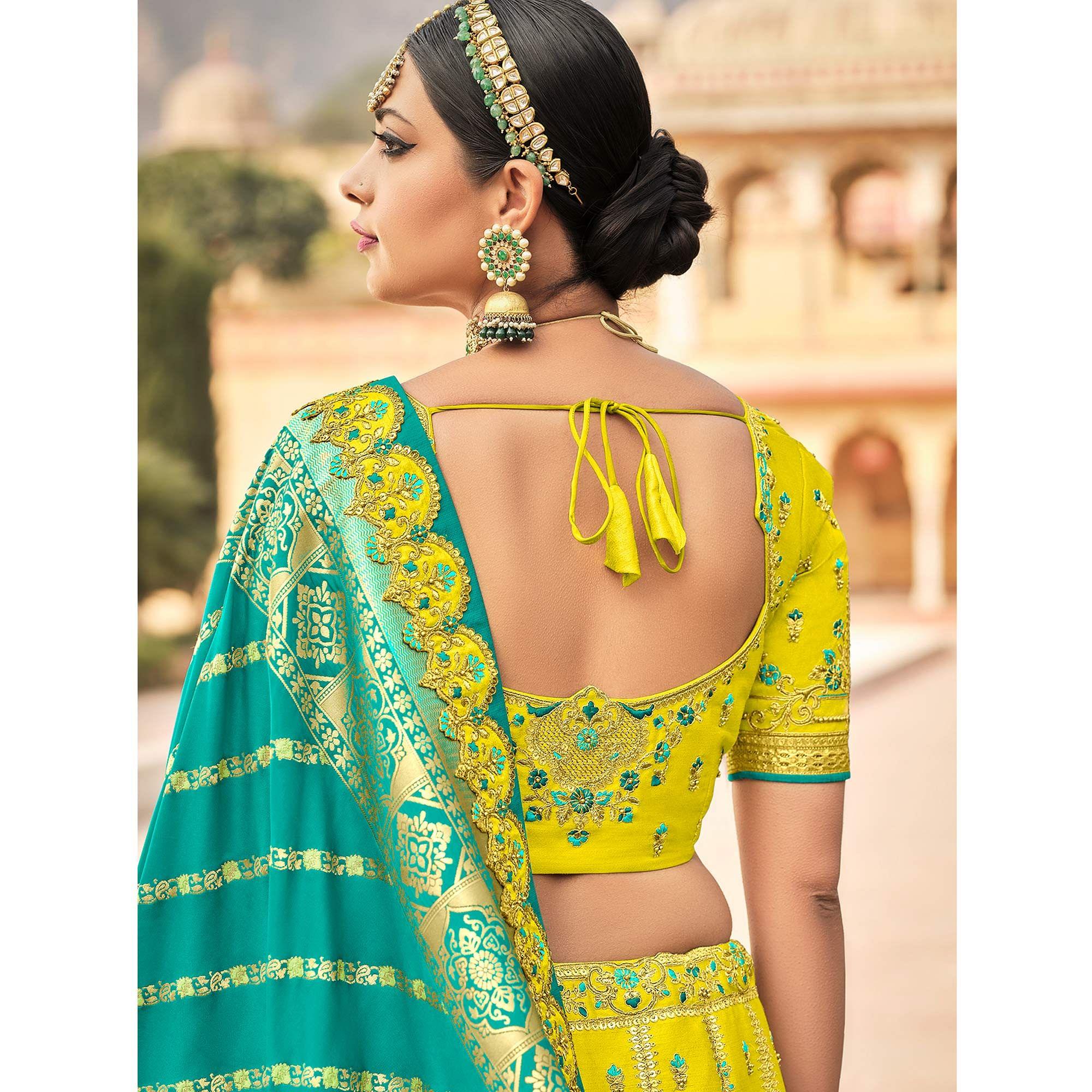 Yellow & Firozi Wedding Wear Woven-Embellished Banarasi Silk Lehenga Choli - Peachmode