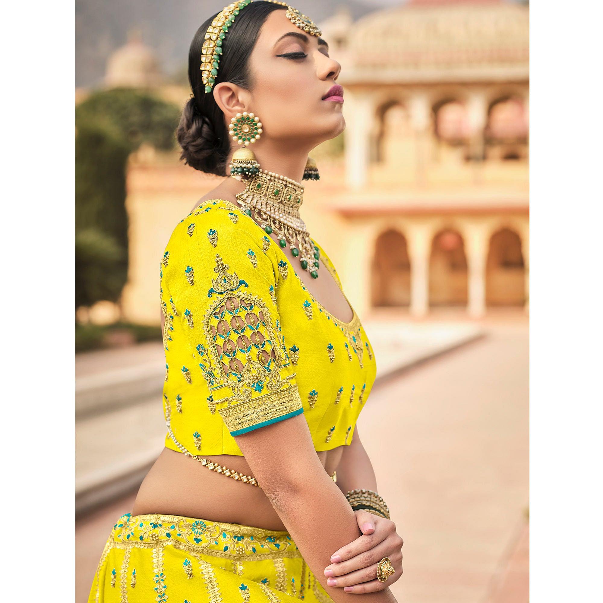 Yellow & Firozi Wedding Wear Woven-Embellished Banarasi Silk Lehenga Choli - Peachmode