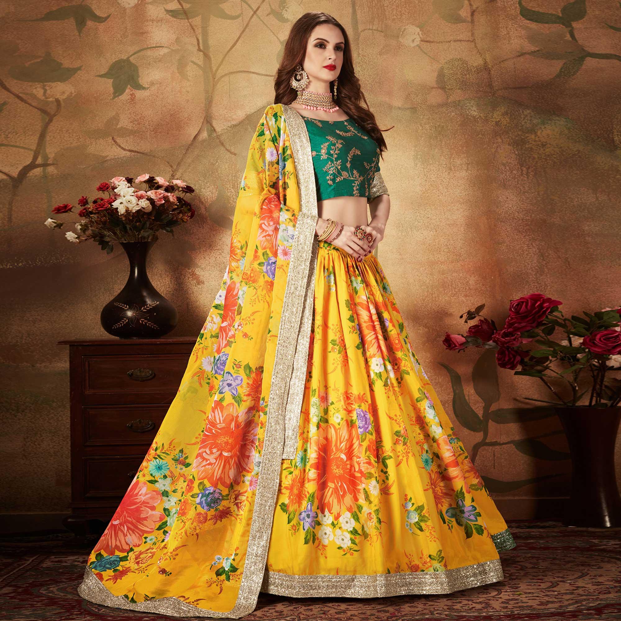 Yellow & Green Partywear Floral Print With Sequins Embroidery Organza Lehenga Choli - Peachmode