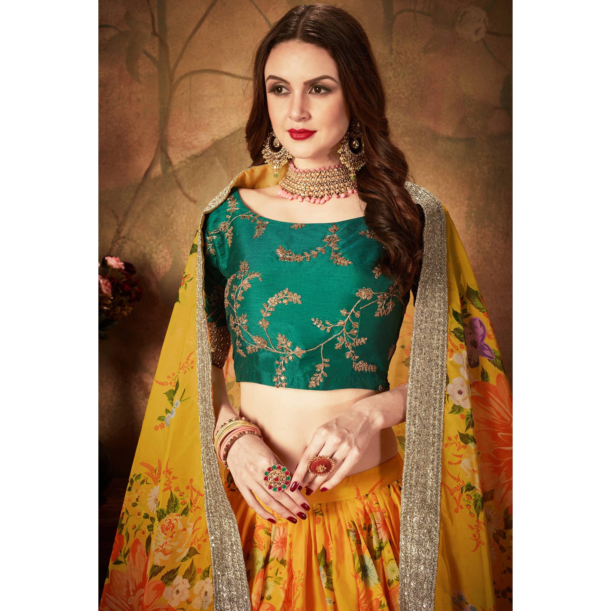 Yellow & Green Partywear Floral Print With Sequins Embroidery Organza Lehenga Choli - Peachmode