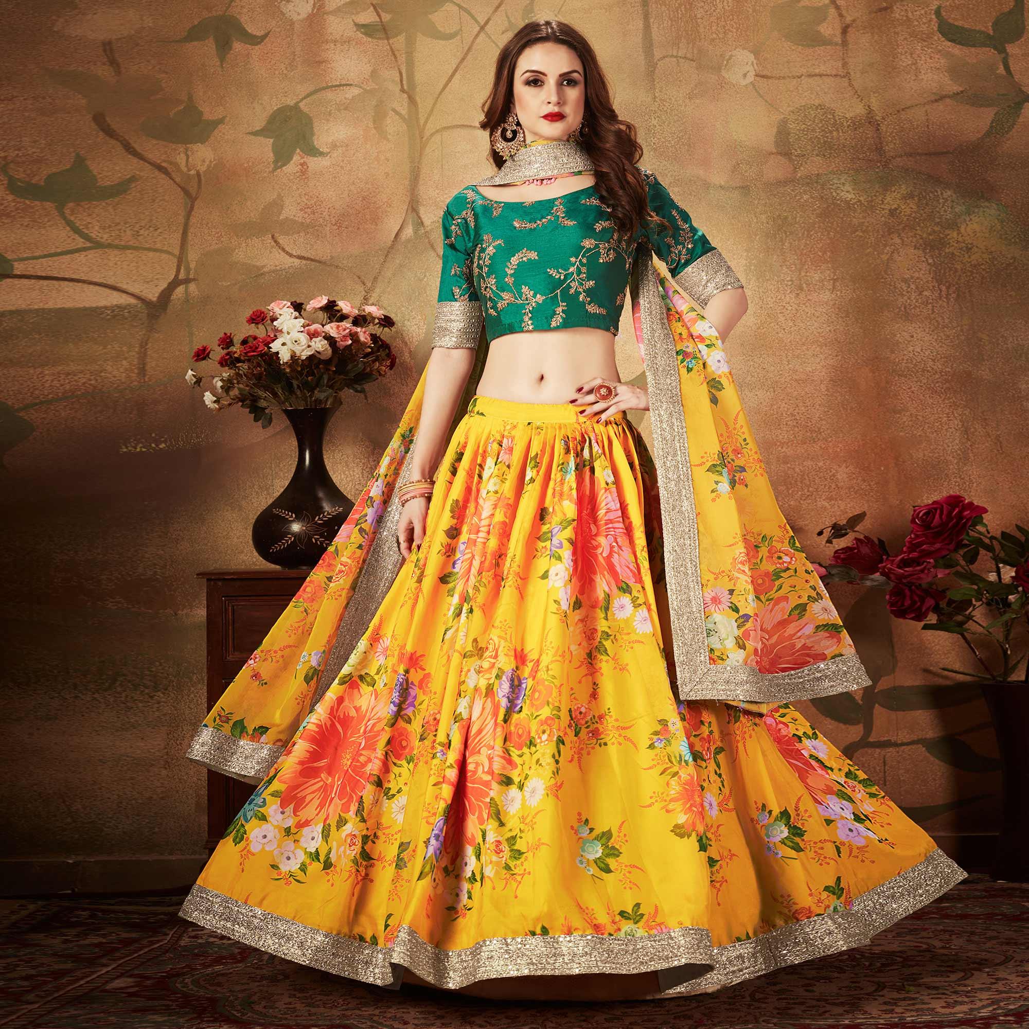 Yellow & Green Partywear Floral Print With Sequins Embroidery Organza Lehenga Choli - Peachmode
