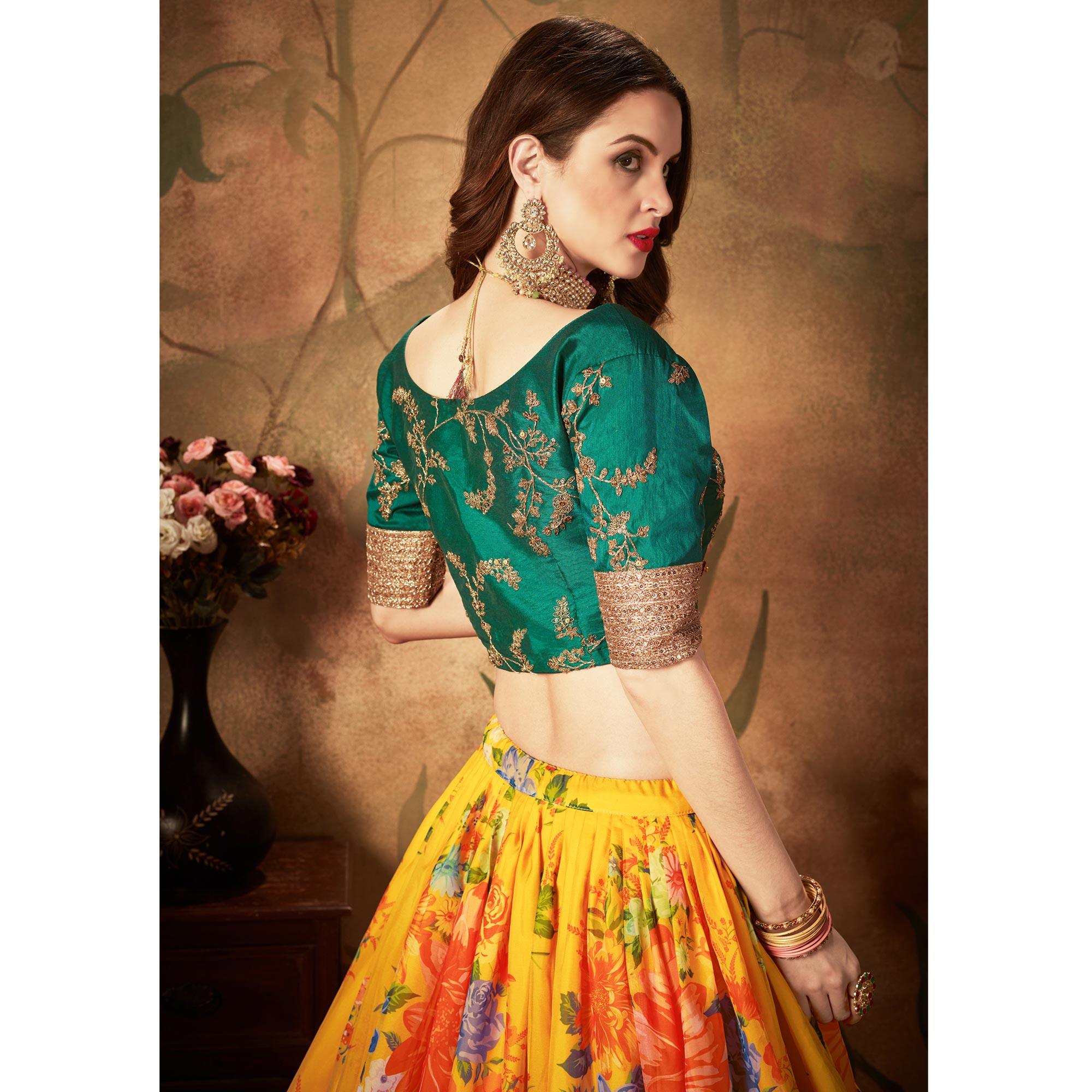 Yellow & Green Partywear Floral Print With Sequins Embroidery Organza Lehenga Choli - Peachmode