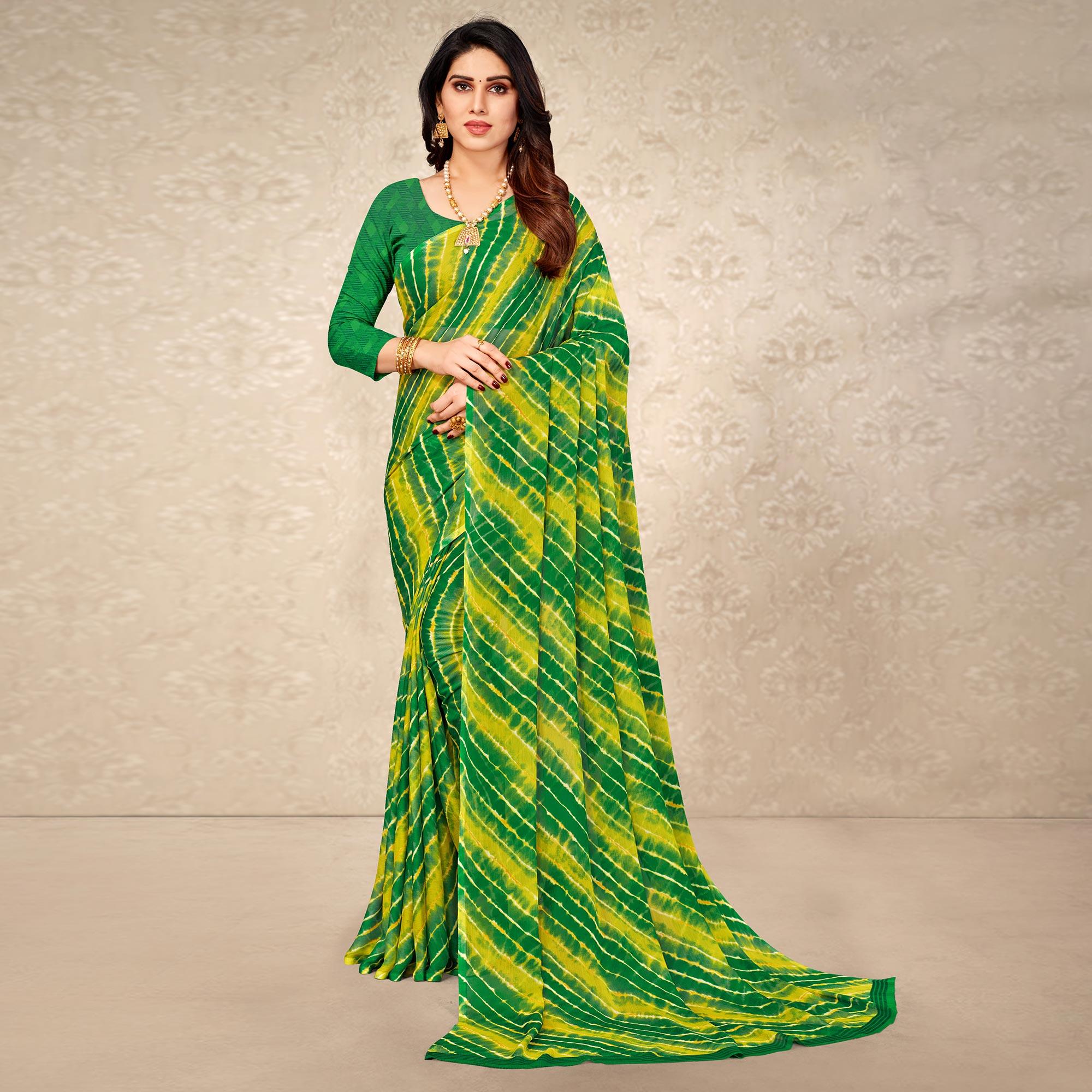 Yellow & Green Printed Chiffon Saree - Peachmode