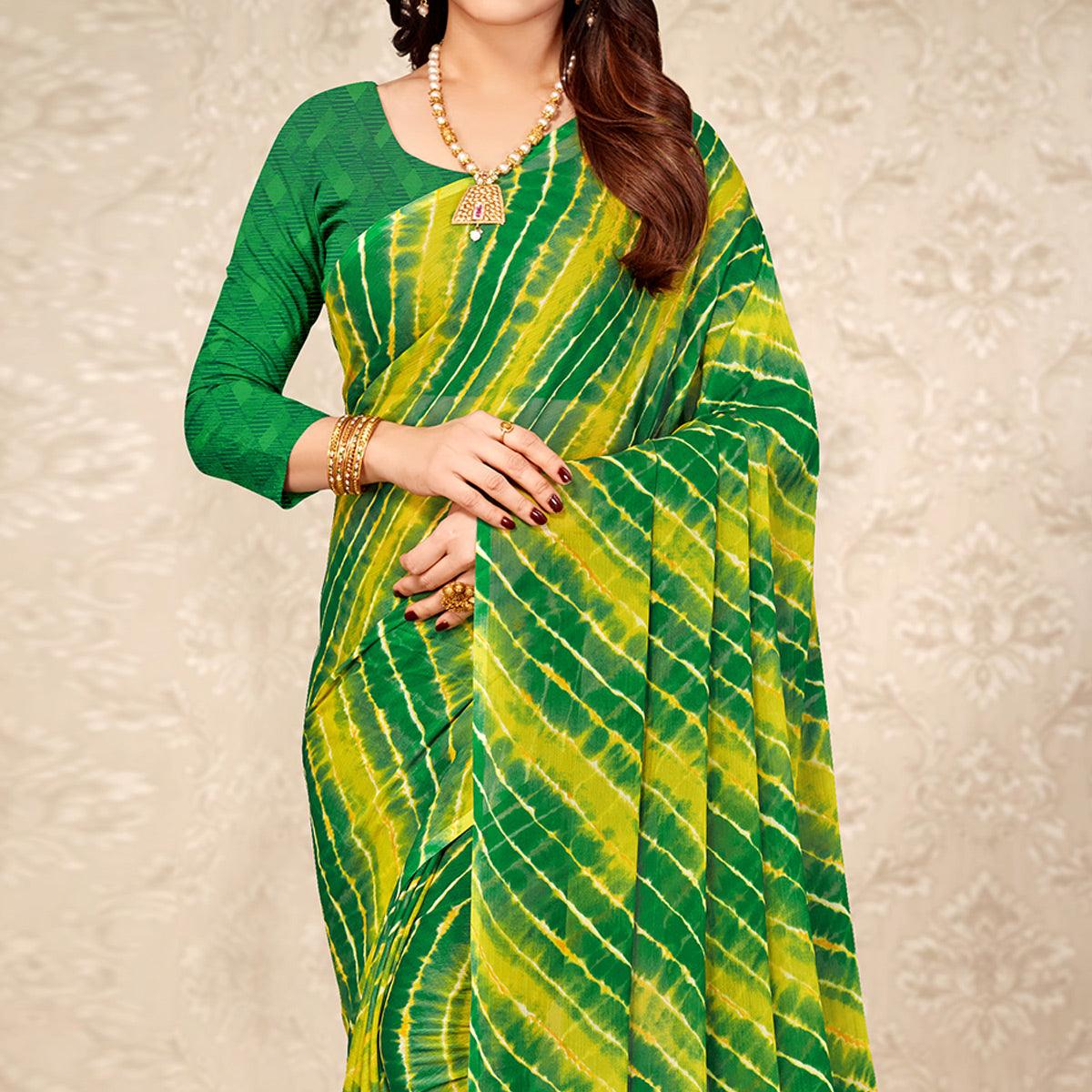 Yellow & Green Printed Chiffon Saree - Peachmode