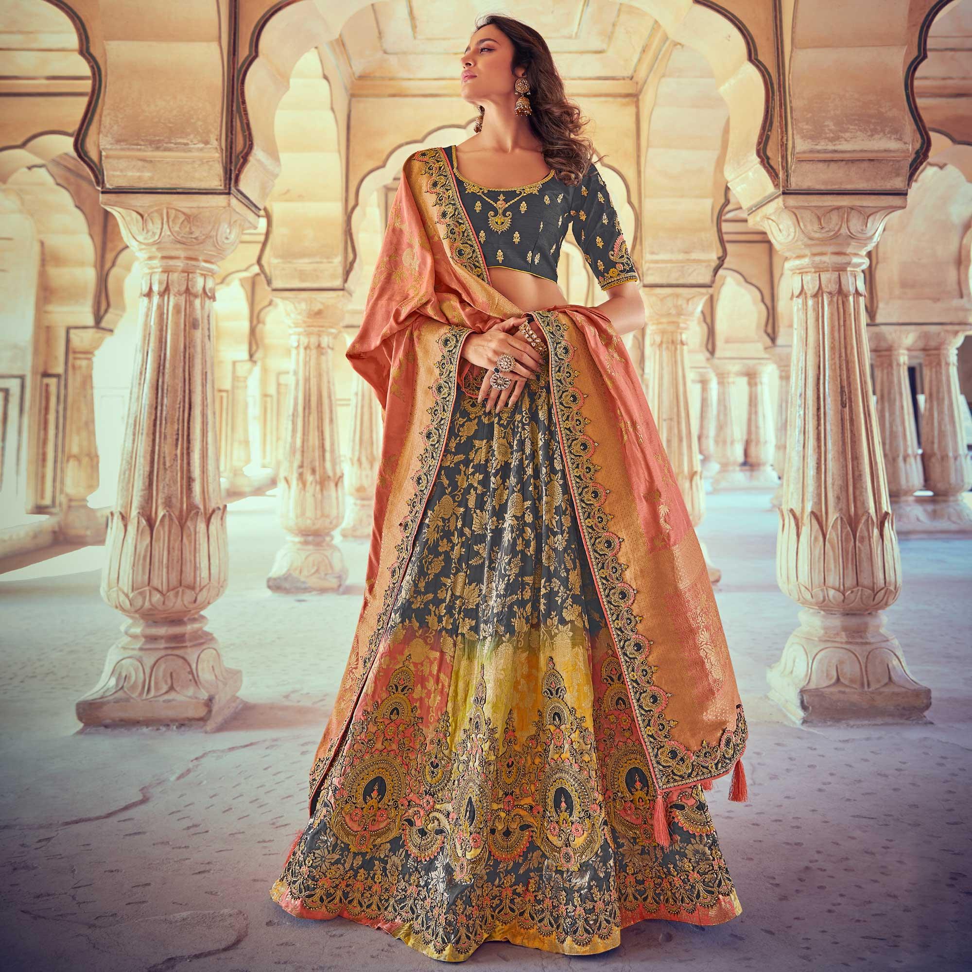 Yellow & Grey Wedding Wear Woven & Embroidered Silk Lehenga Choli - Peachmode