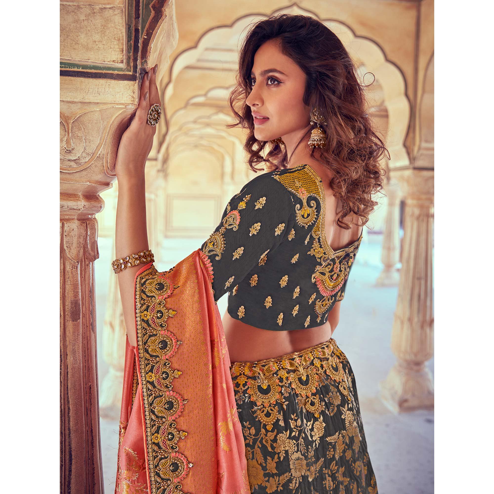 Yellow & Grey Wedding Wear Woven & Embroidered Silk Lehenga Choli - Peachmode