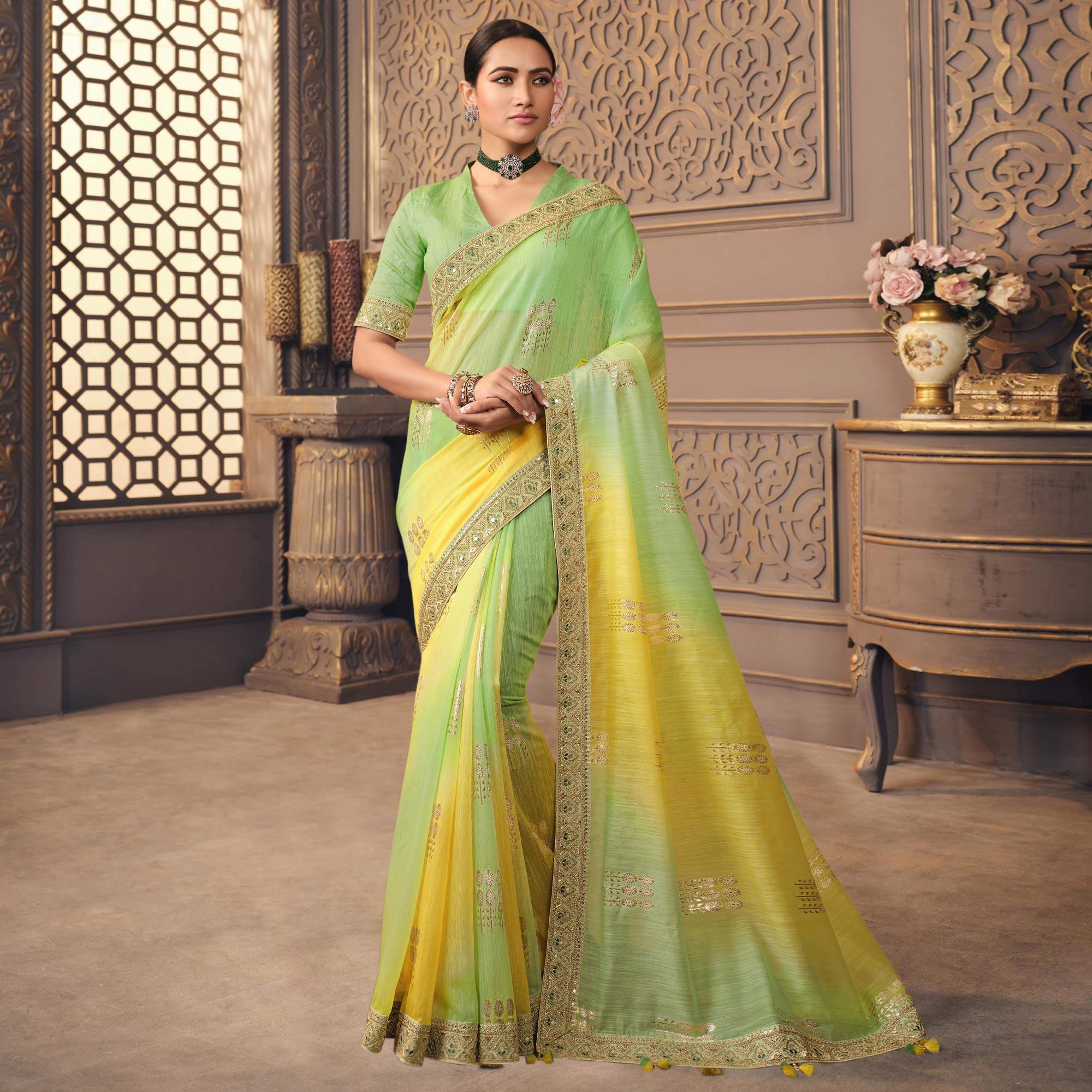 Yellow & Mint Green Woven With Fancy Border Organza Saree - Peachmode