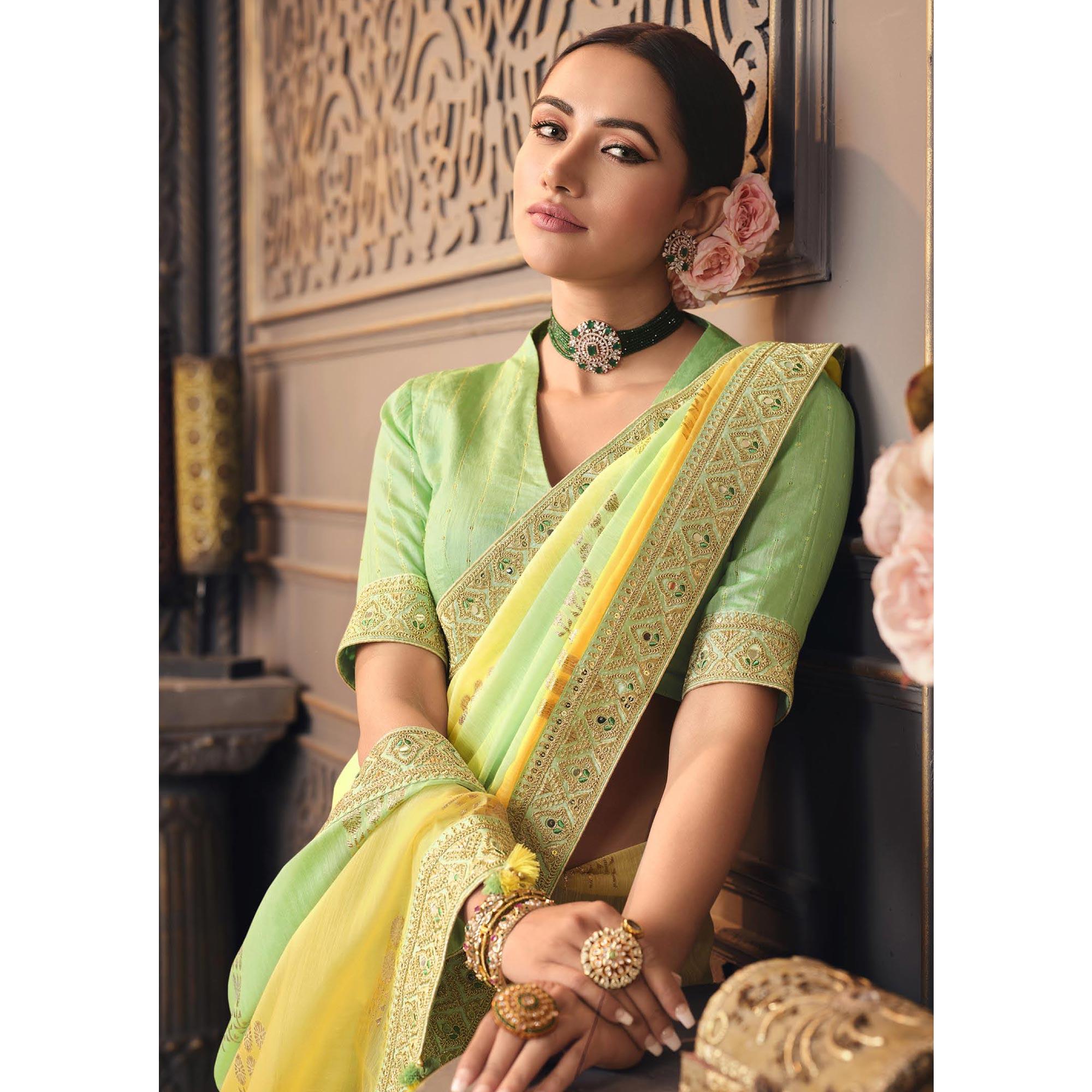 Yellow & Mint Green Woven With Fancy Border Organza Saree - Peachmode