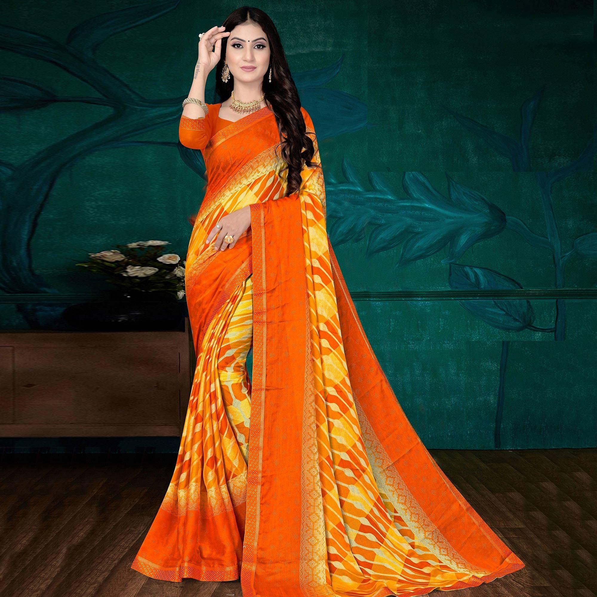 Yellow & Orange Festive Wear Stripes Printed Work Chiffon Designer Saree - Peachmode