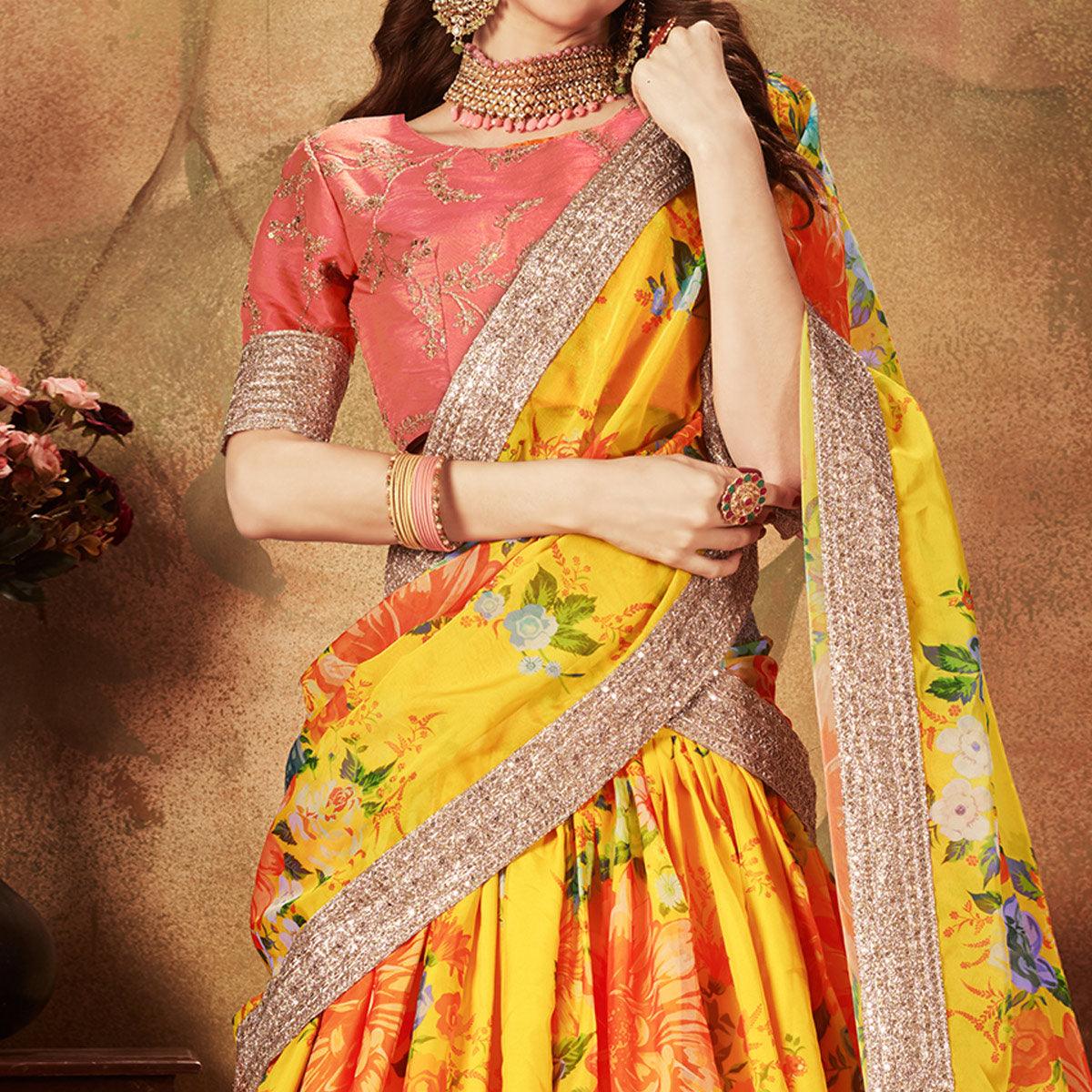 Yellow & Orange Partywear Floral Print With Sequins Embroidery Organza Lehenga Choli - Peachmode