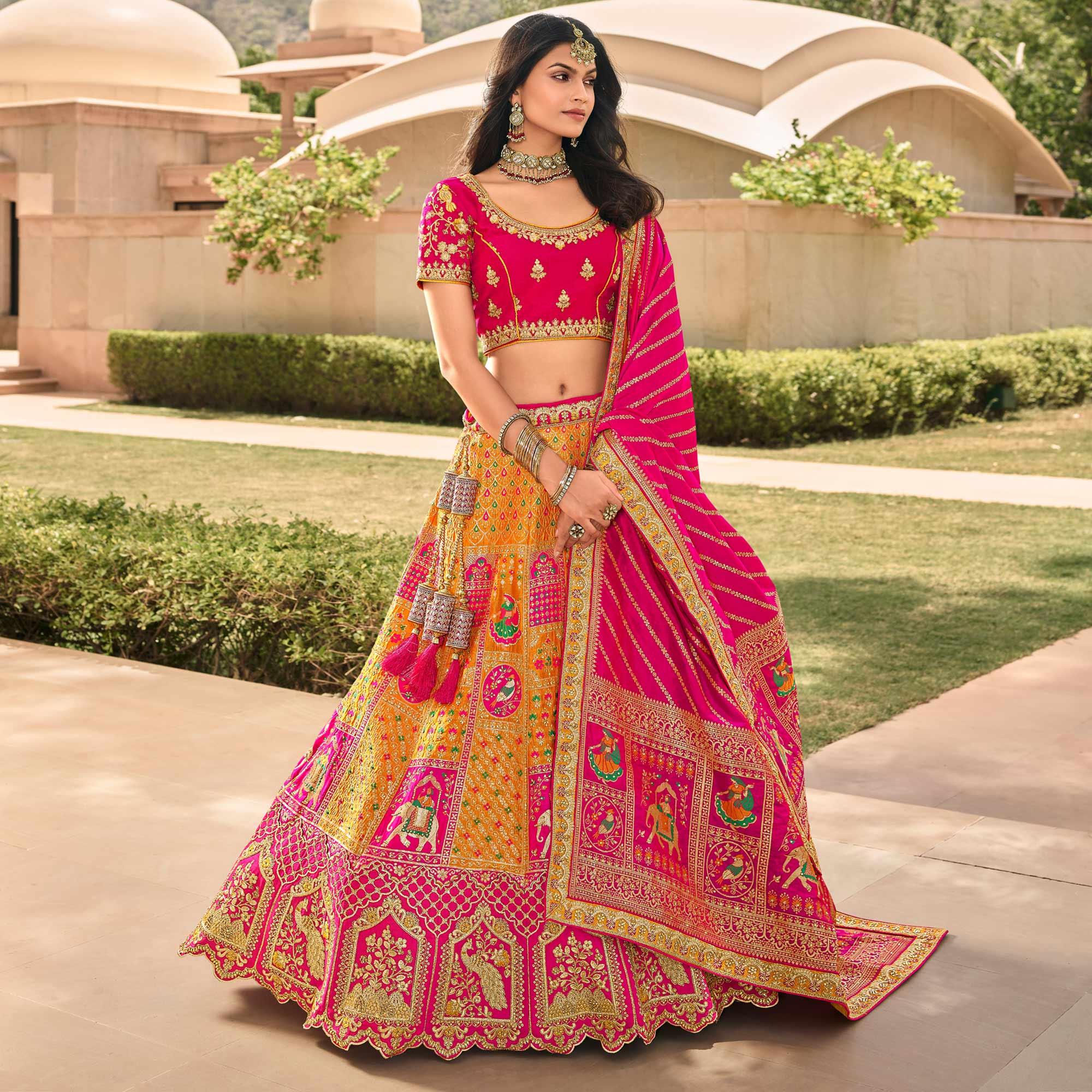 Yellow & Pink Wedding Wear Floral Embroidered With Woven Banarasi Silk Lehenga Choli - Peachmode
