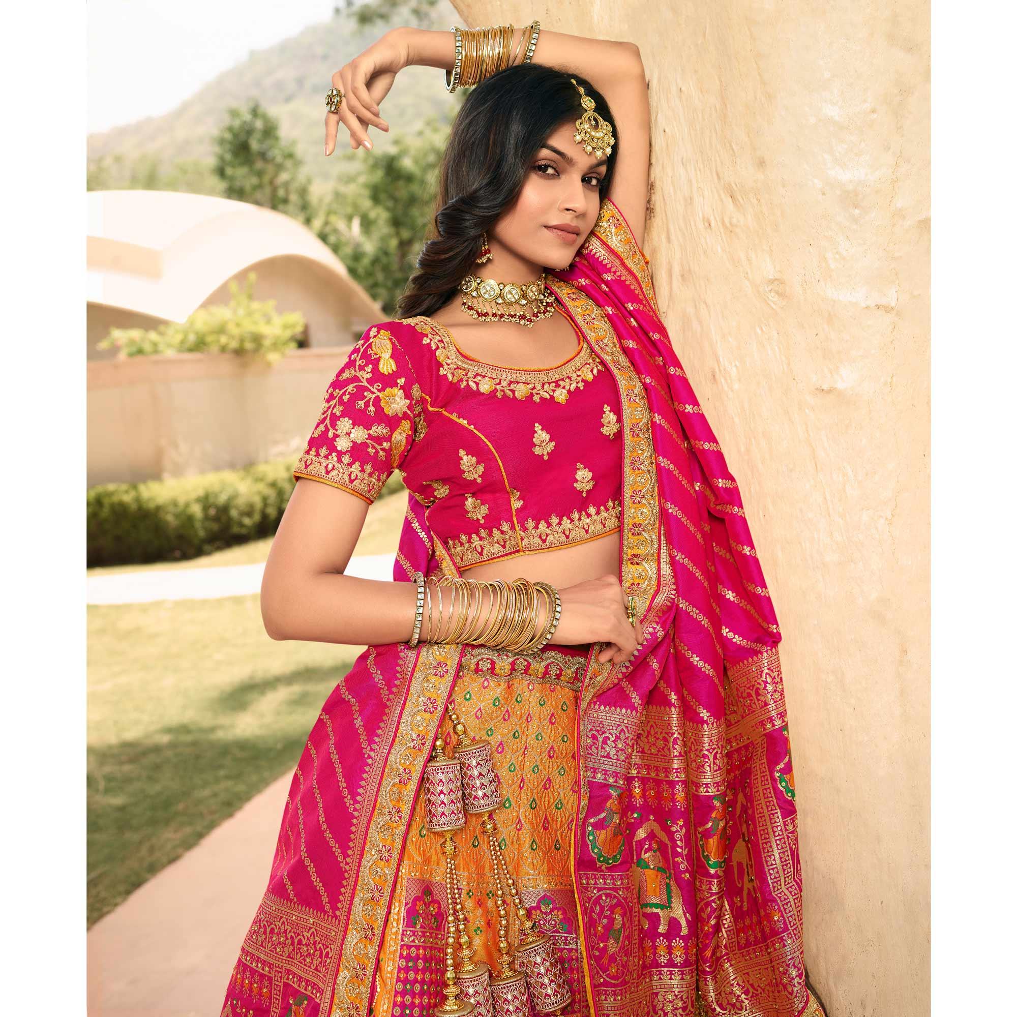 Yellow & Pink Wedding Wear Floral Embroidered With Woven Banarasi Silk Lehenga Choli - Peachmode
