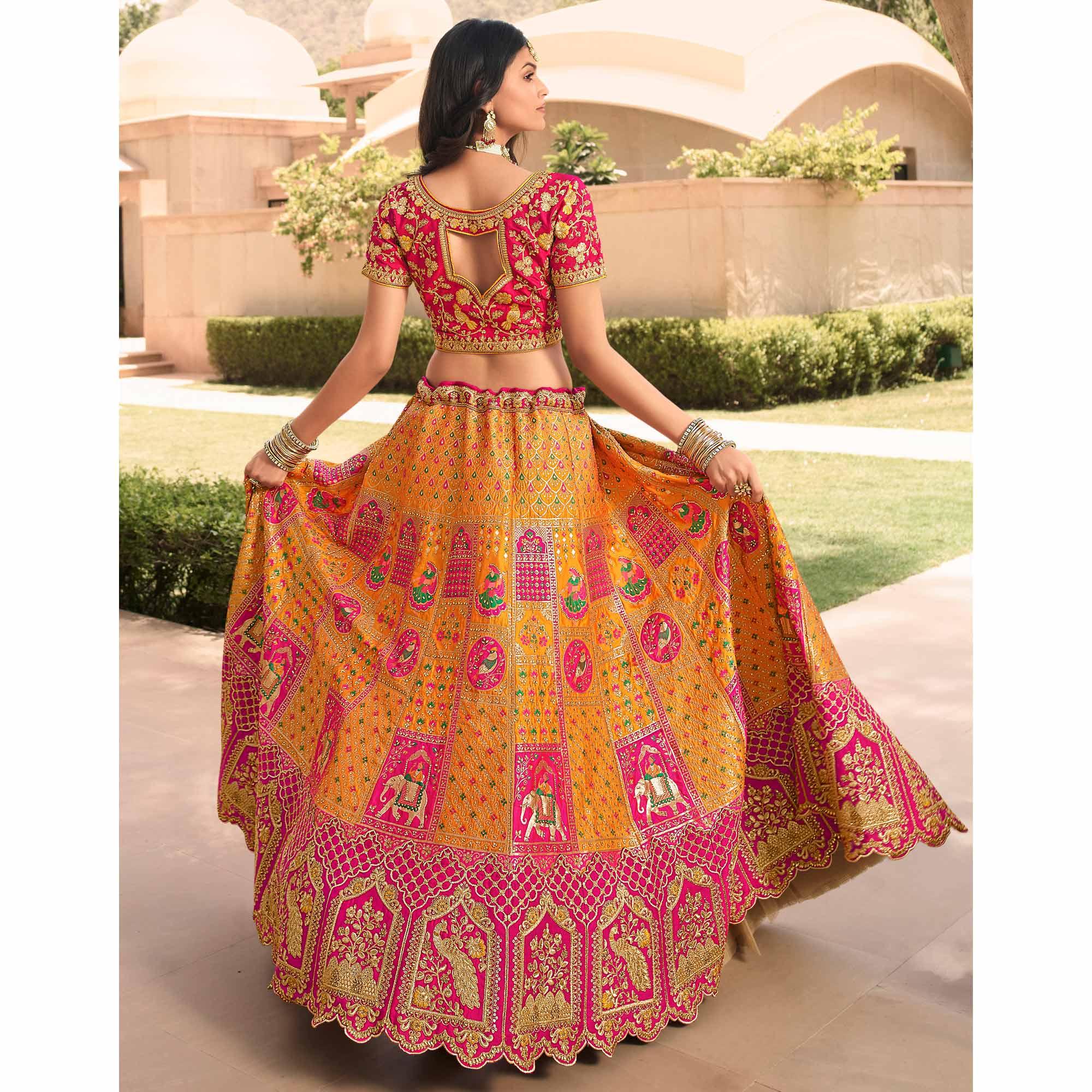 Yellow & Pink Wedding Wear Floral Embroidered With Woven Banarasi Silk Lehenga Choli - Peachmode