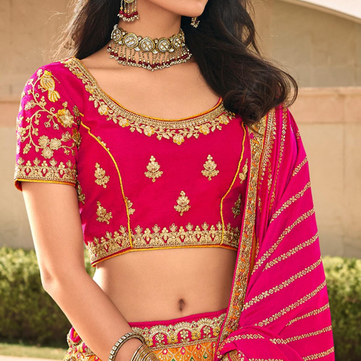 Yellow & Pink Wedding Wear Floral Embroidered With Woven Banarasi Silk Lehenga Choli - Peachmode