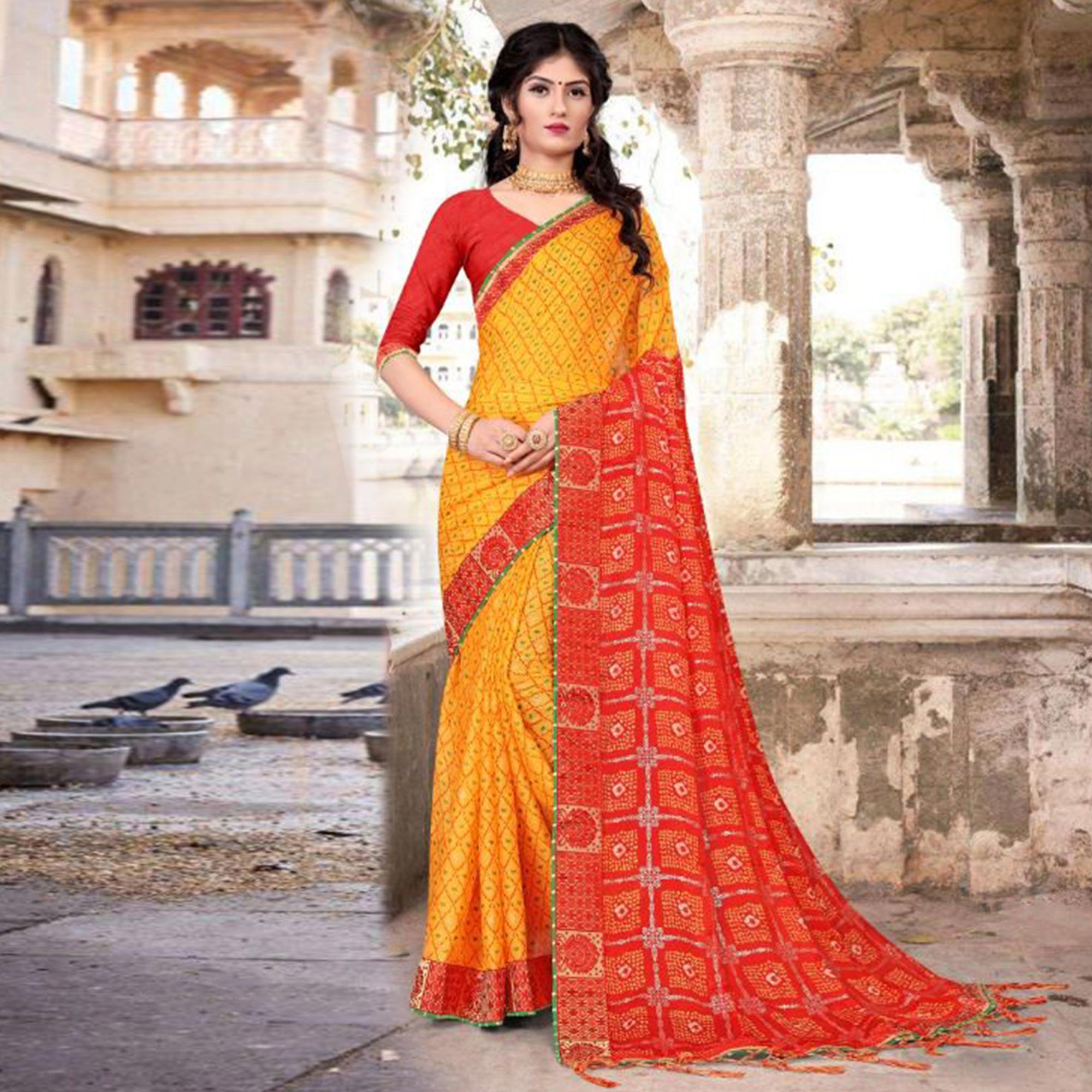 Yellow & Red Festive Wear Bandhani Printed Chiffon Saree With Diamond Border - Peachmode
