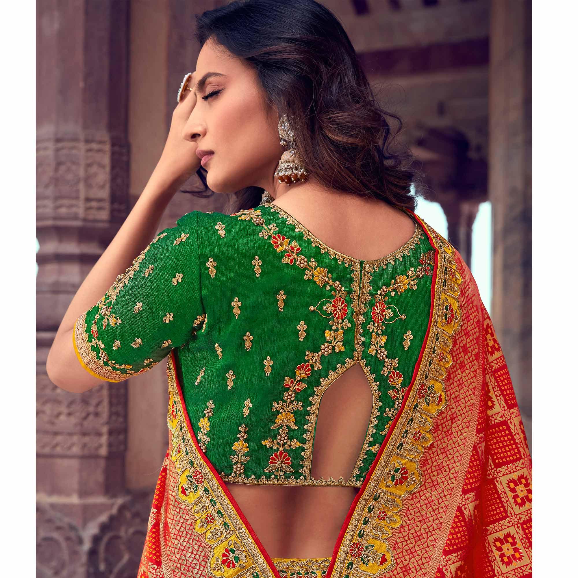 Yellow & Red Wedding Wear Woven & Embroidered Silk Lehenga Choli - Peachmode