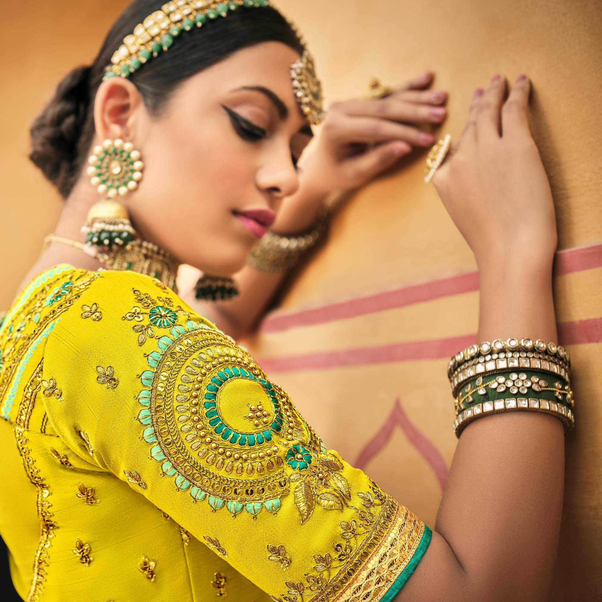 Yellow & Sea Green Wedding Wear Woven-Embellished Banarasi Silk Lehenga Choli - Peachmode