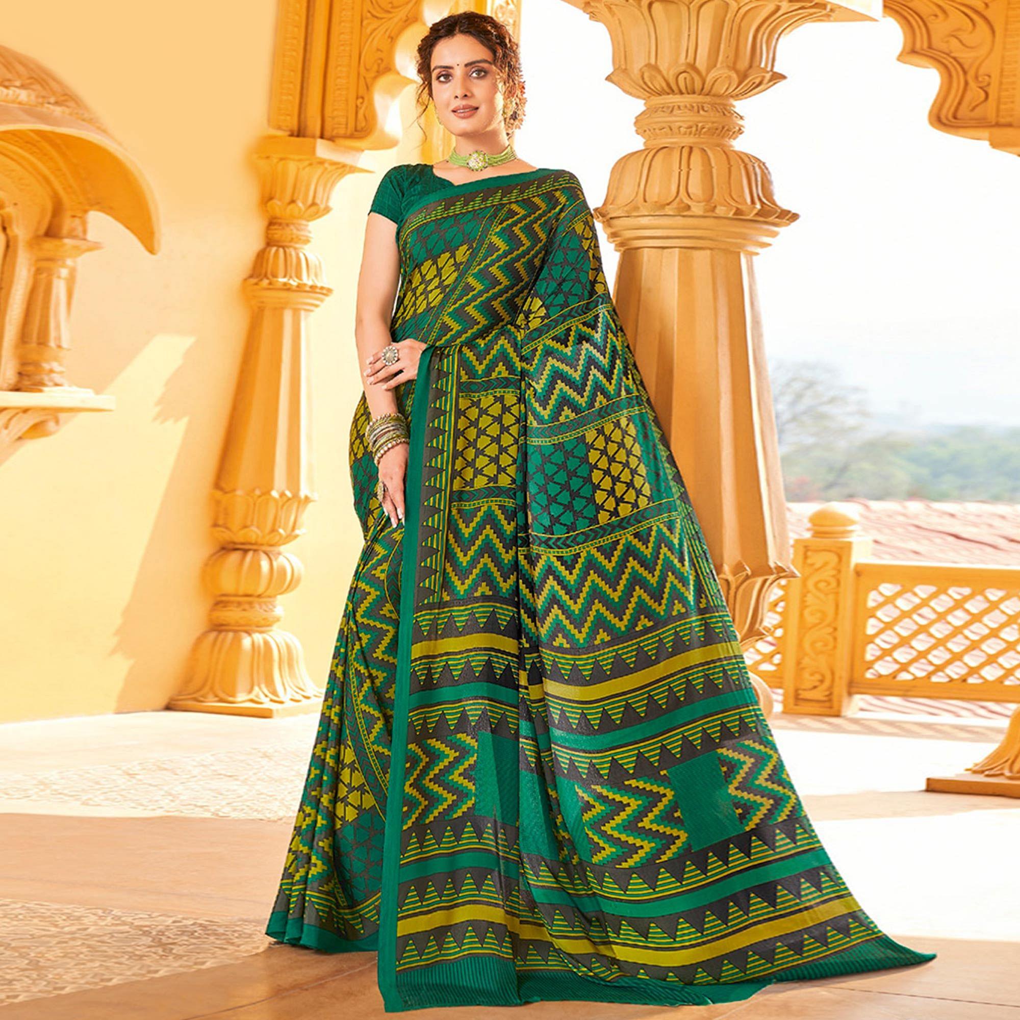 Yellow & Turuoise Printed Crepe Saree - Peachmode