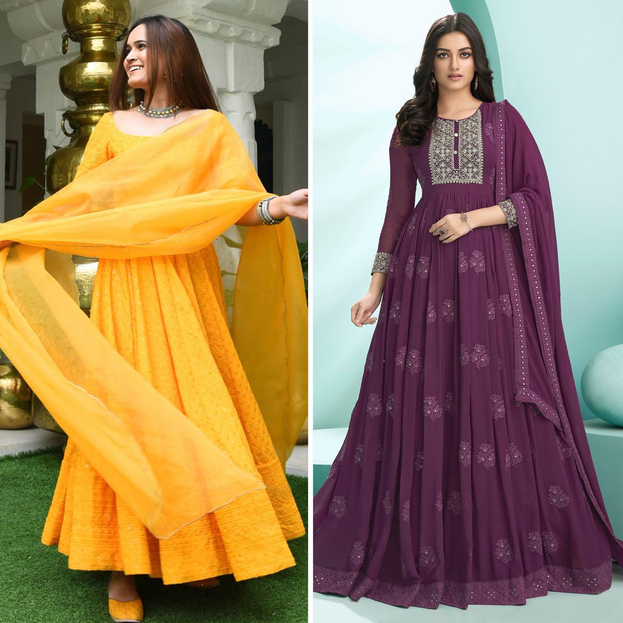 Yellow And Wine Gown Pack of 2 - Peachmode