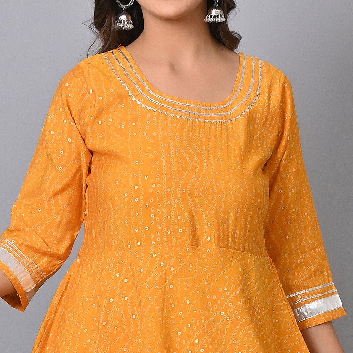 Yellow Bandhani Printed Chanderi Long Kurti - Peachmode