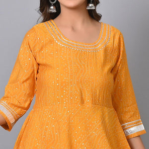 Yellow Bandhani Printed Chanderi Long Kurti - Peachmode