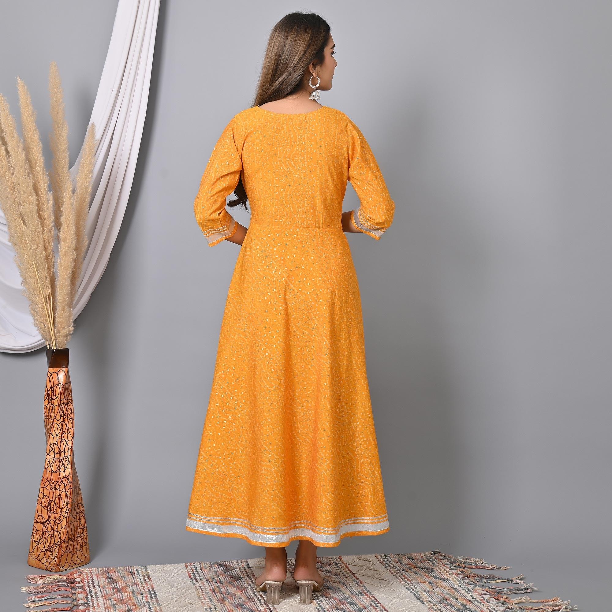 Yellow Bandhani Printed Chanderi Long Kurti - Peachmode
