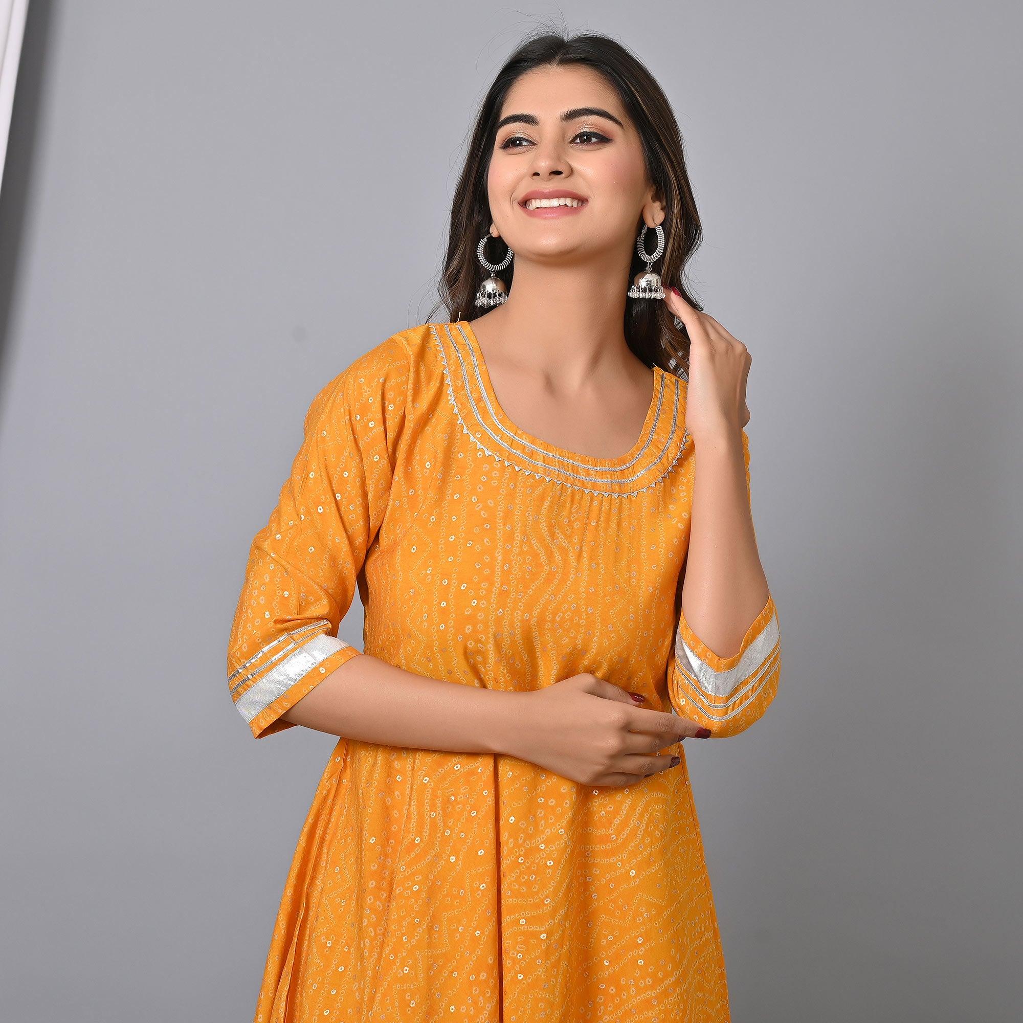 Yellow Bandhani Printed Chanderi Long Kurti - Peachmode