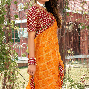 Yellow Bandhani Printed-Checks Weaving Chiffon Saree - Peachmode