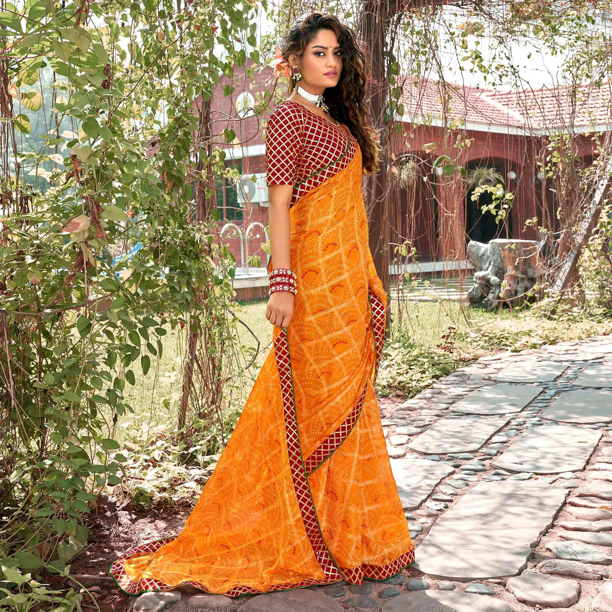 Yellow Bandhani Printed-Checks Weaving Chiffon Saree - Peachmode