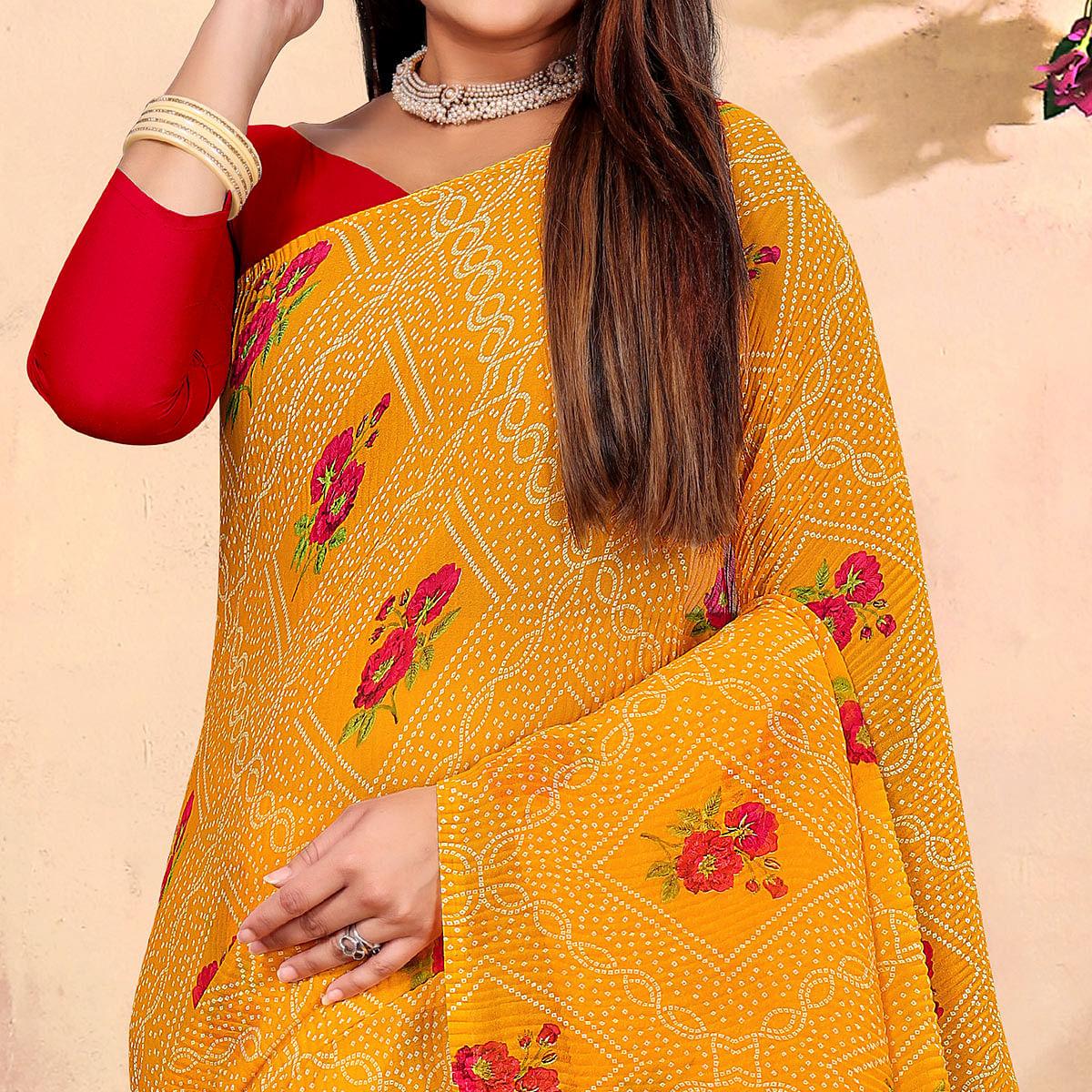 Yellow Bandhani Printed Georgette Saree - Peachmode