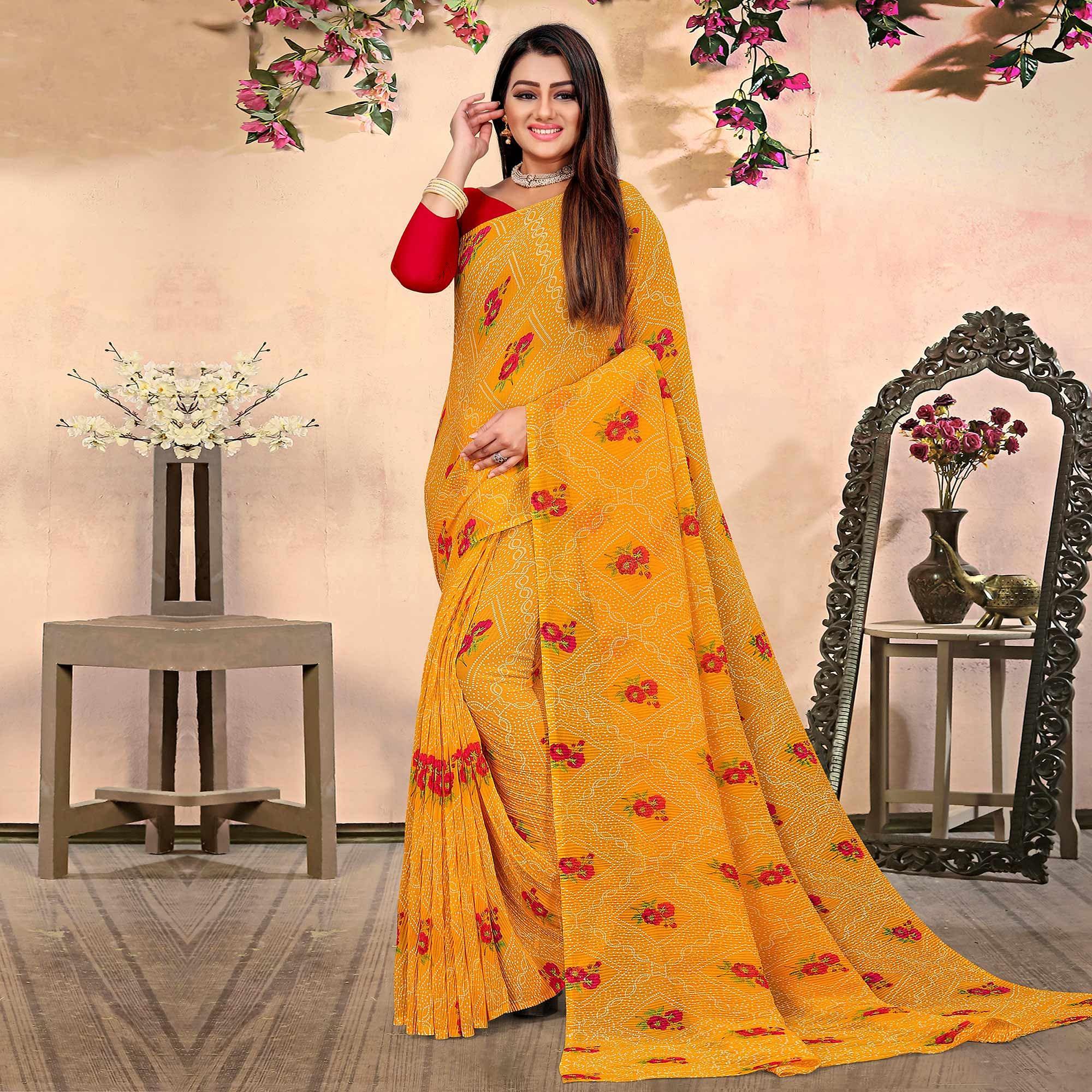 Yellow Bandhani Printed Georgette Saree - Peachmode