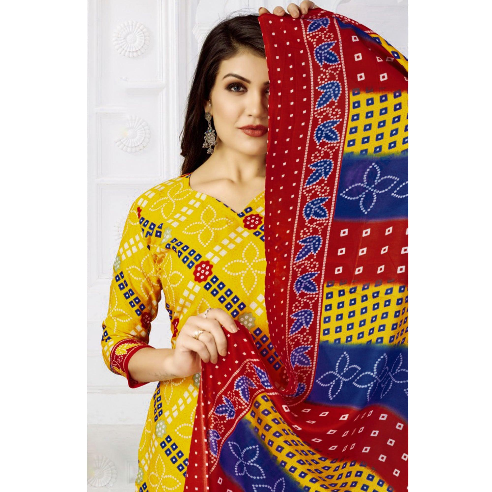 Yellow Bandhani Printed Poly Cotton Patiala Dress Material - Peachmode