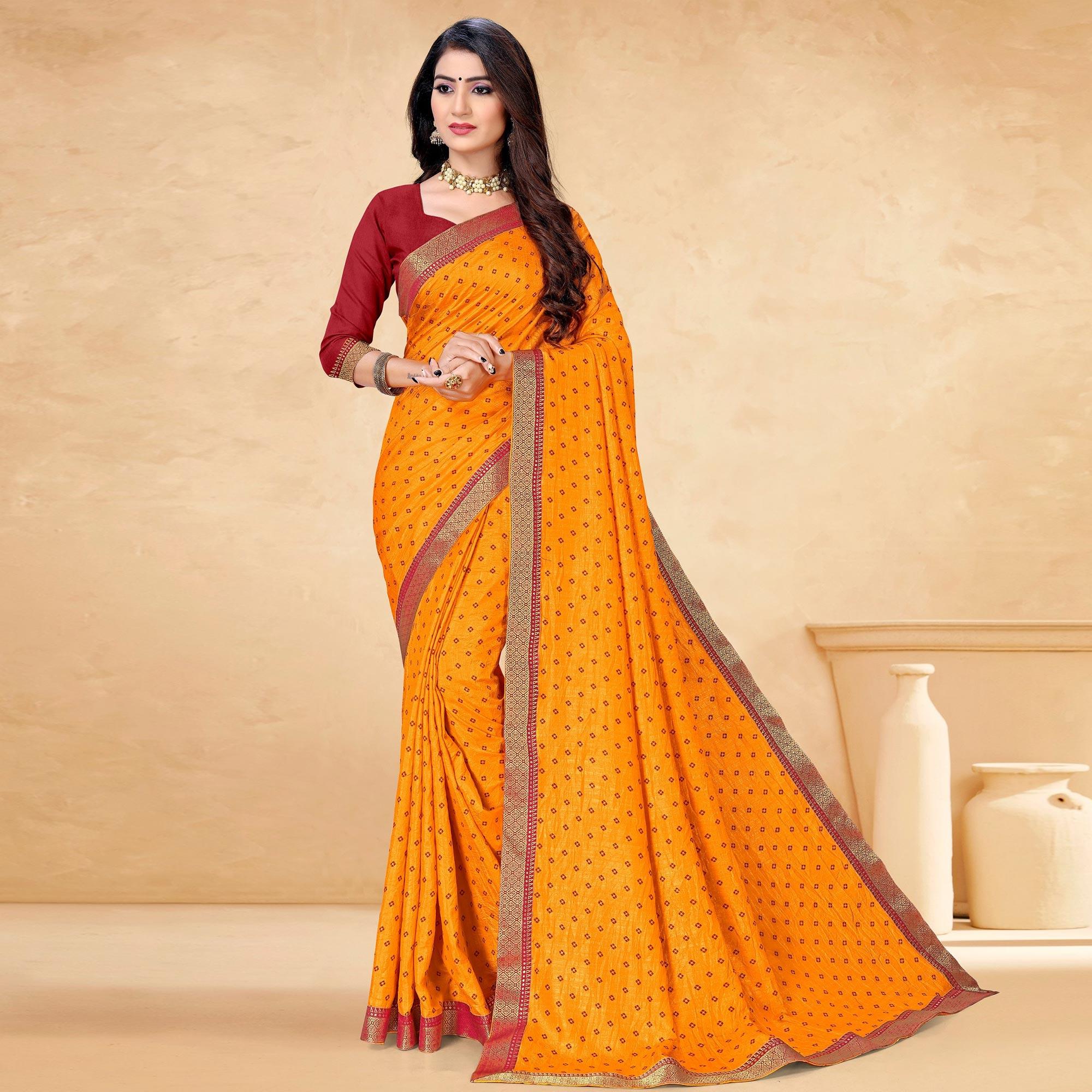 Yellow Bandhani Printed Vichitra Silk Saree - Peachmode