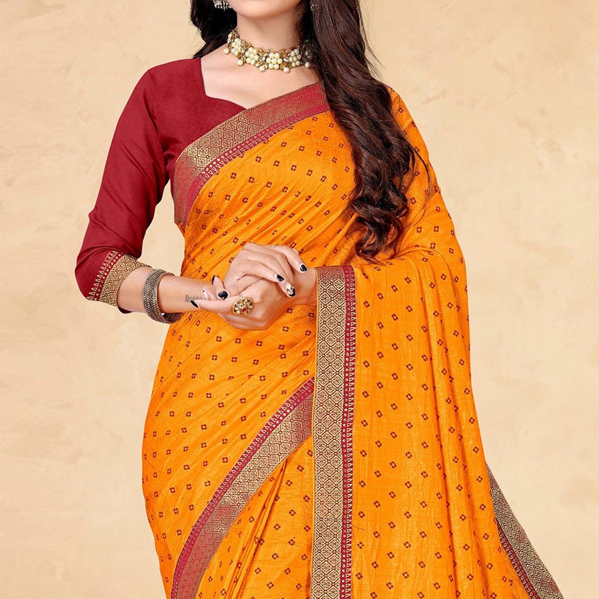 Yellow Bandhani Printed Vichitra Silk Saree - Peachmode