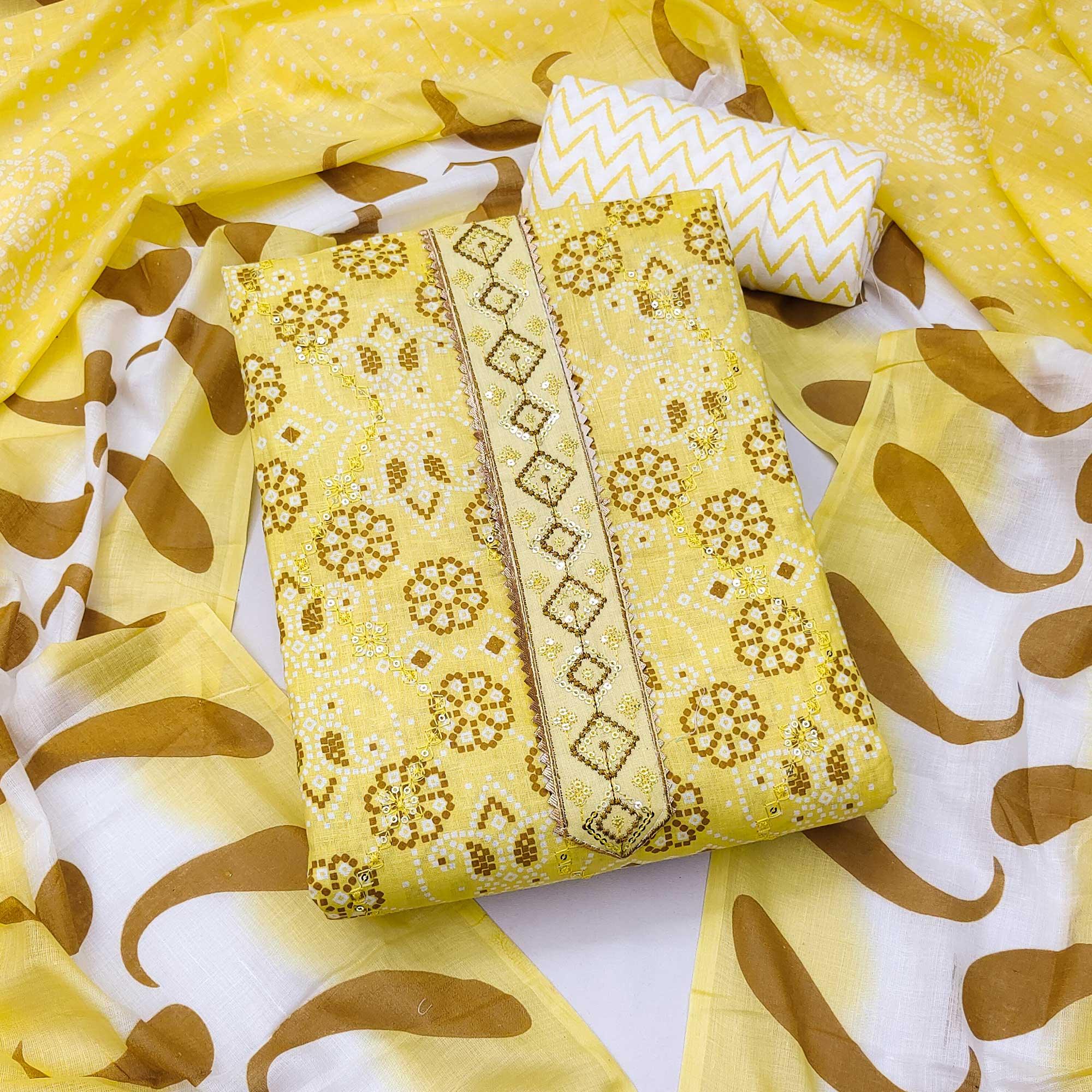 Yellow Bandhani Printed With Embroidered Poly Cotton Dress Material - Peachmode